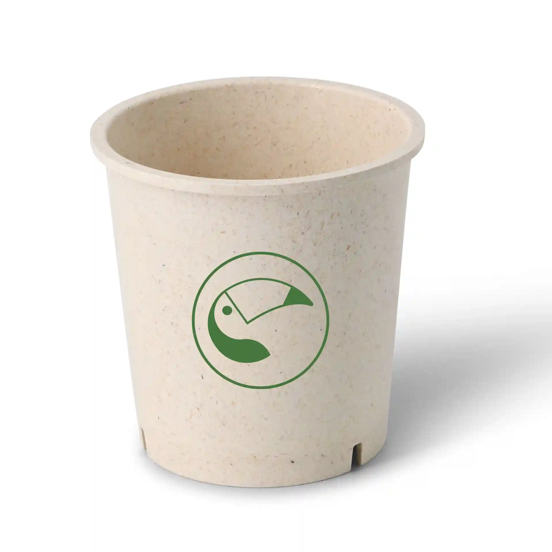 Bol rond réutilisable crème blanc en composé bio, avec un logo vert sur le côté.