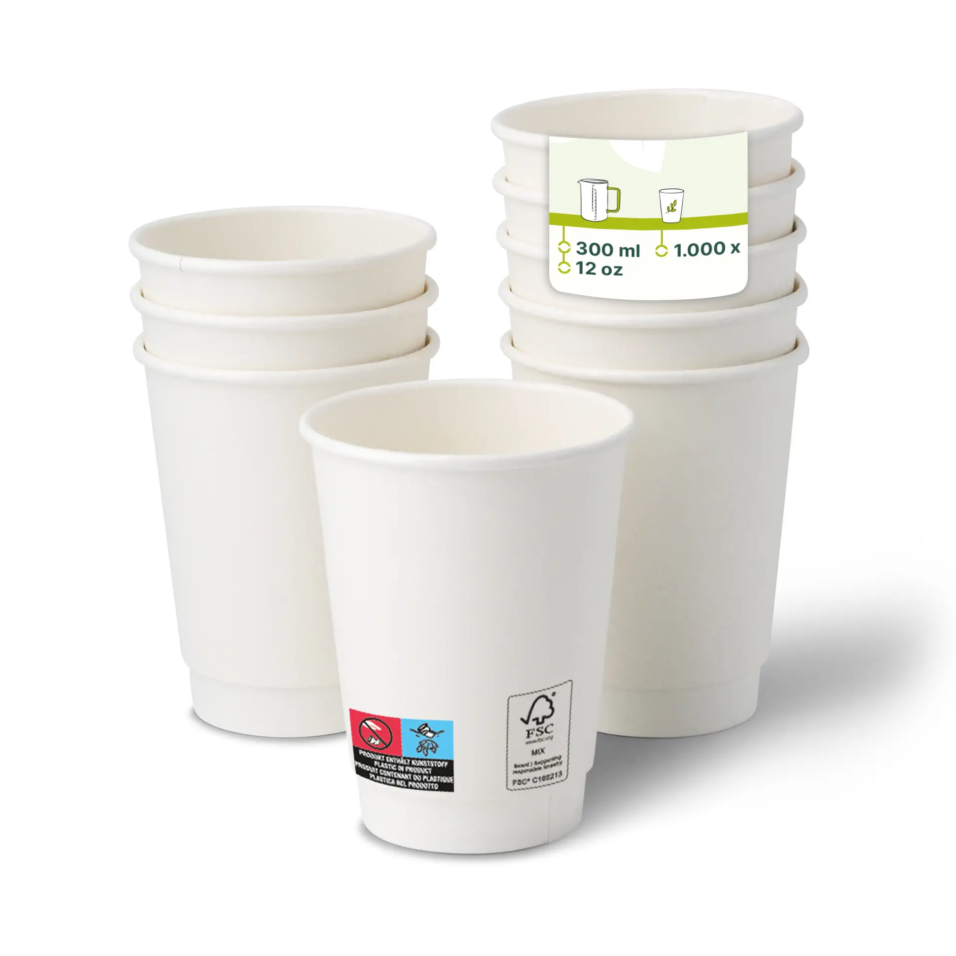 Une tasse à café double paroi blanche au premier plan, plusieurs tasses similaires en arrière-plan avec opacité réduite; adaptée aux boissons chaudes et froides.