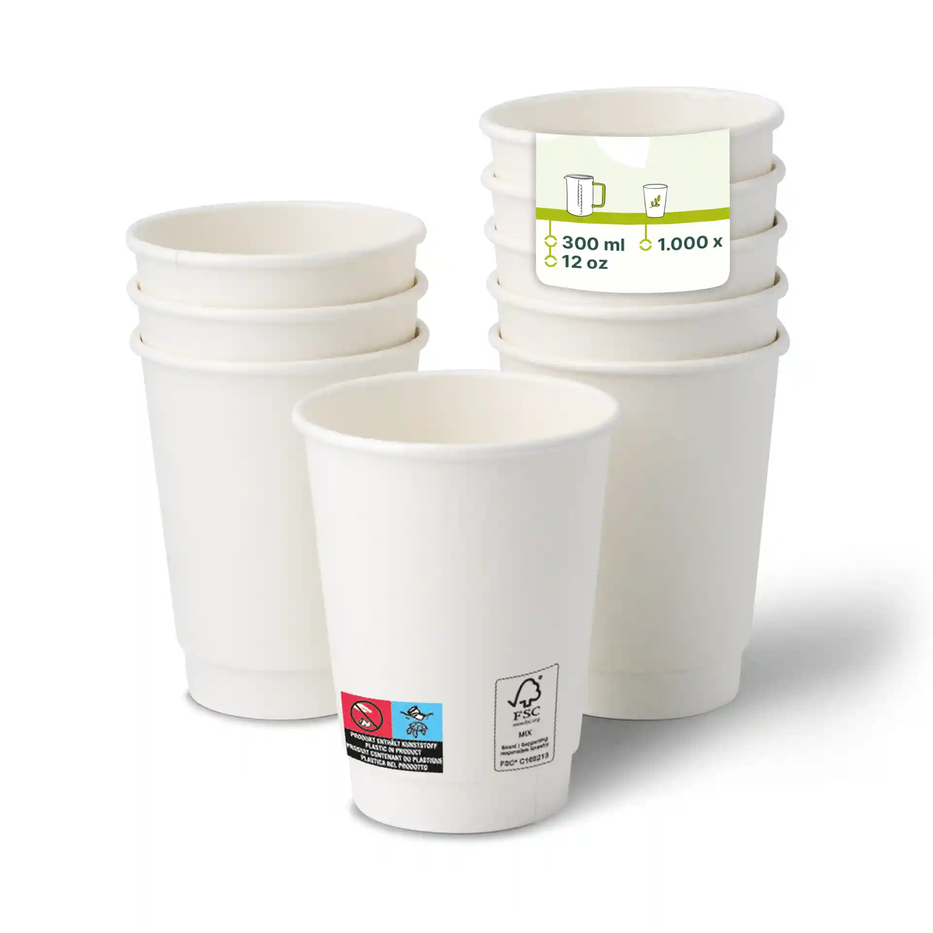 Tasses à café en carton blanc à double paroi empilées, avec une tasse devant montrant une étiquette avec des détails de volume et de quantité.