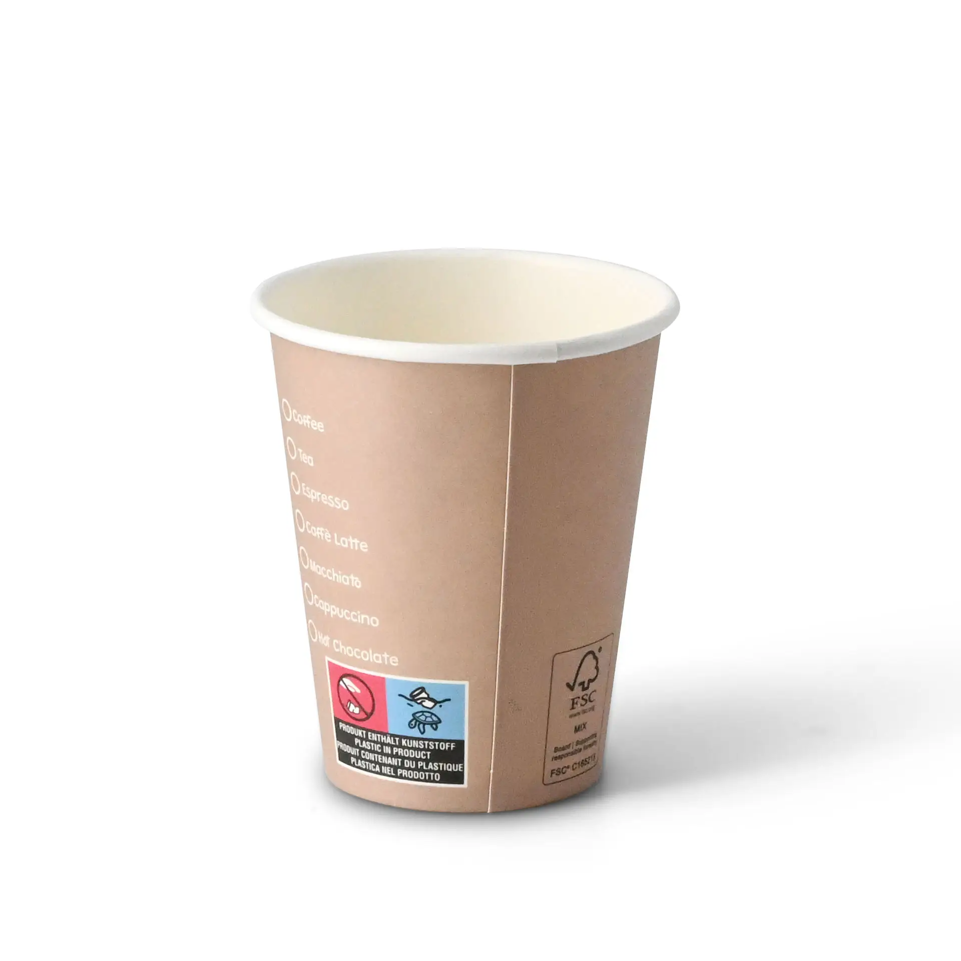 Gobelet en papier brun avec options de boissons imprimées, intérieur blanc et forme circulaire, capacité de 8 oz.