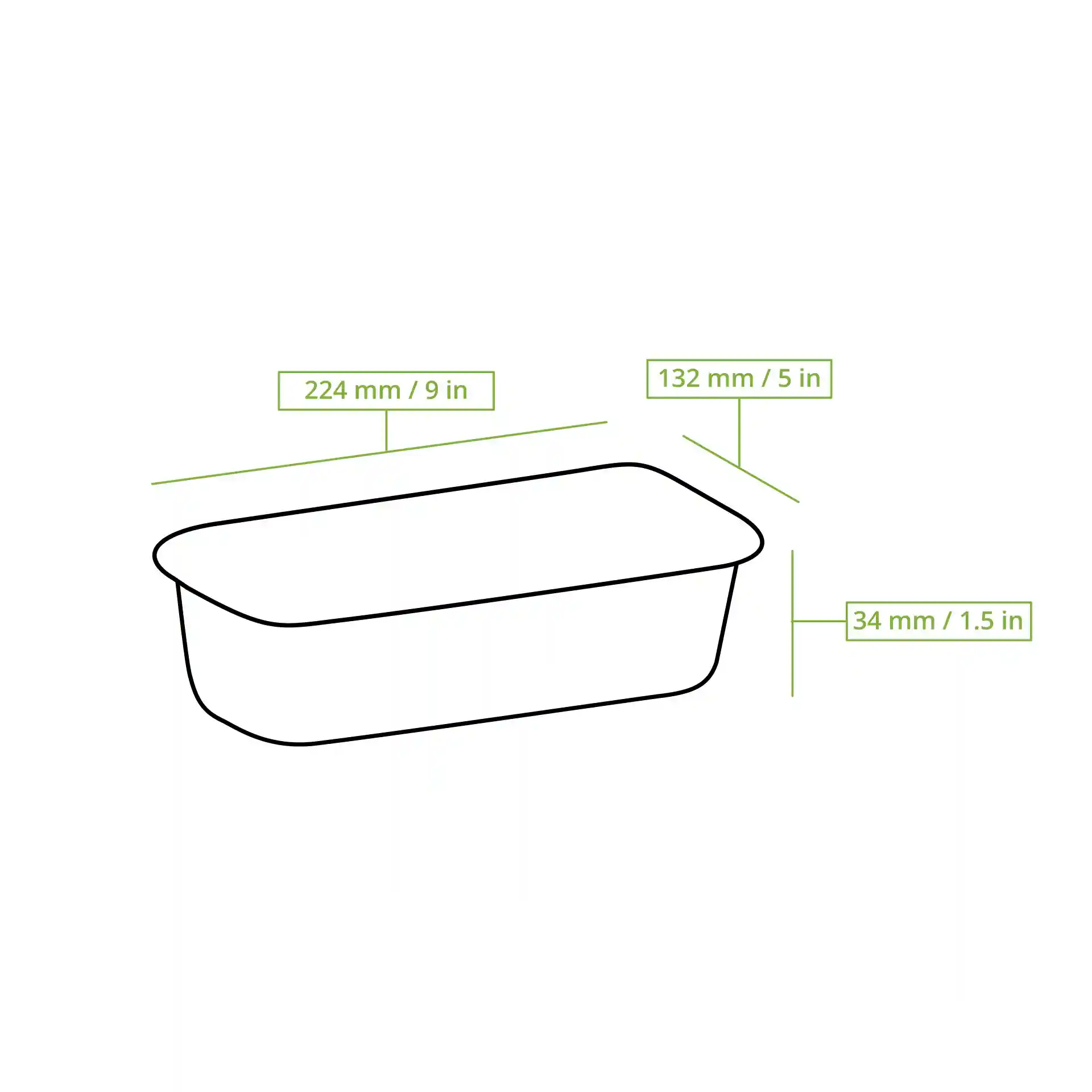 Dessin schématique d'un conteneur rectangulaire en aluminium avec des dimensions de 224 mm x 132 mm x 34 mm.