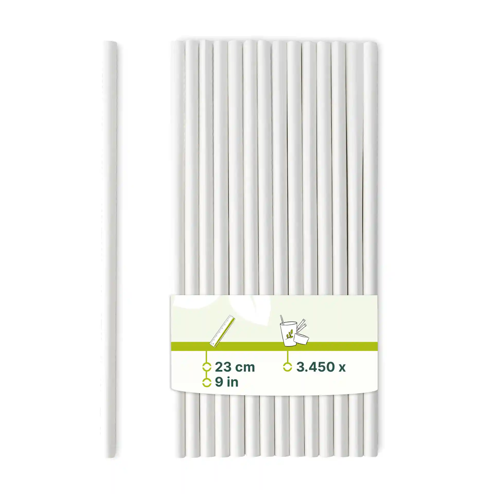 Pailles jumbo blanches, longues de 23 cm et larges de 0,8 cm, disposées verticalement avec une étiquette indiquant les dimensions.