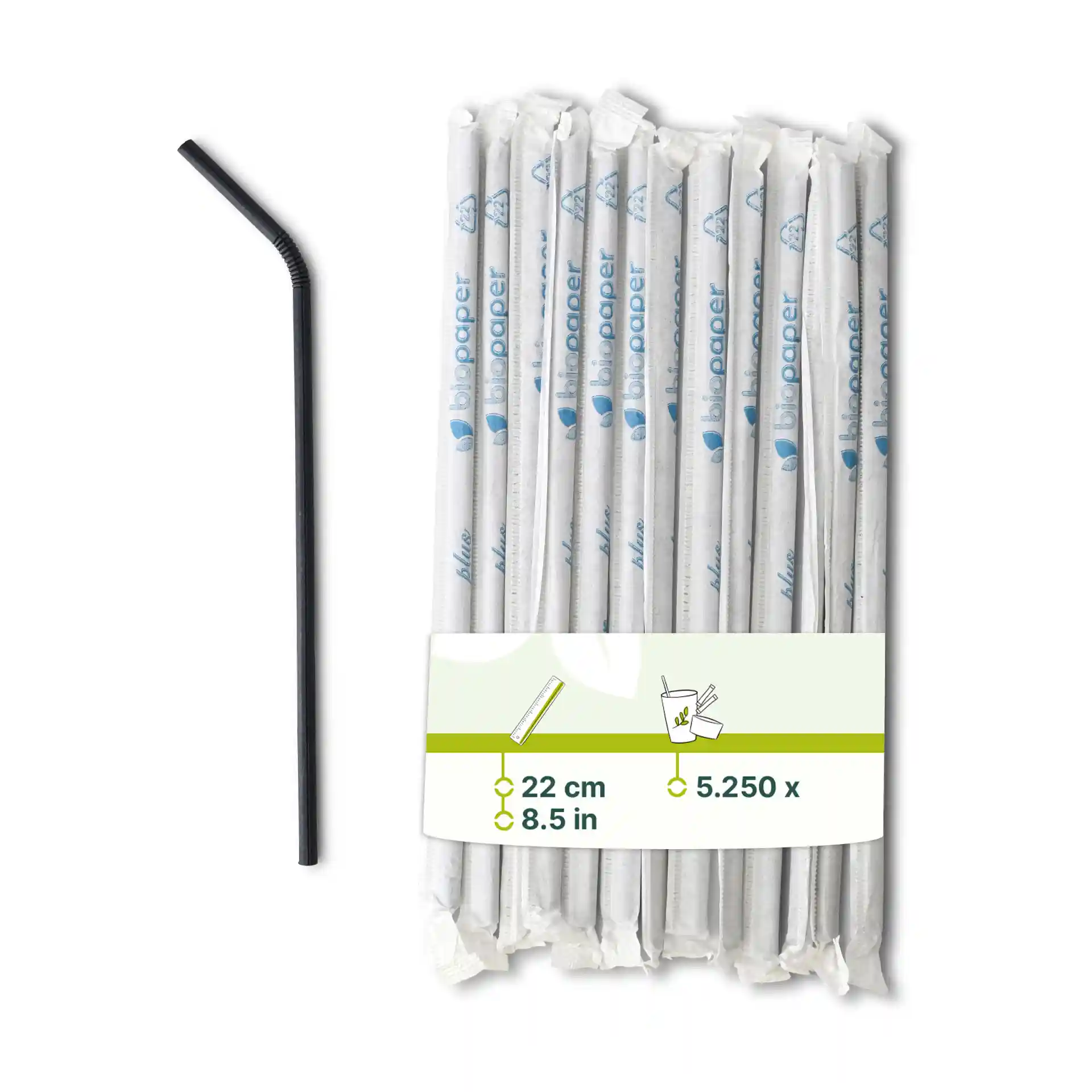 Paille en papier flexible noire, longue de 22 cm, avec plusieurs pailles en papier emballées en arrière-plan.