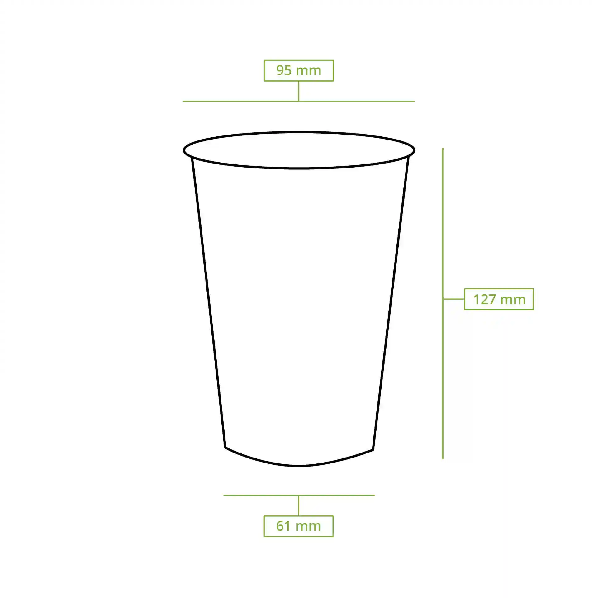 Dessin schématique d'un gobelet transparent avec dimensions : hauteur 127 mm, diamètre supérieur 95 mm, diamètre inférieur 61 mm.
