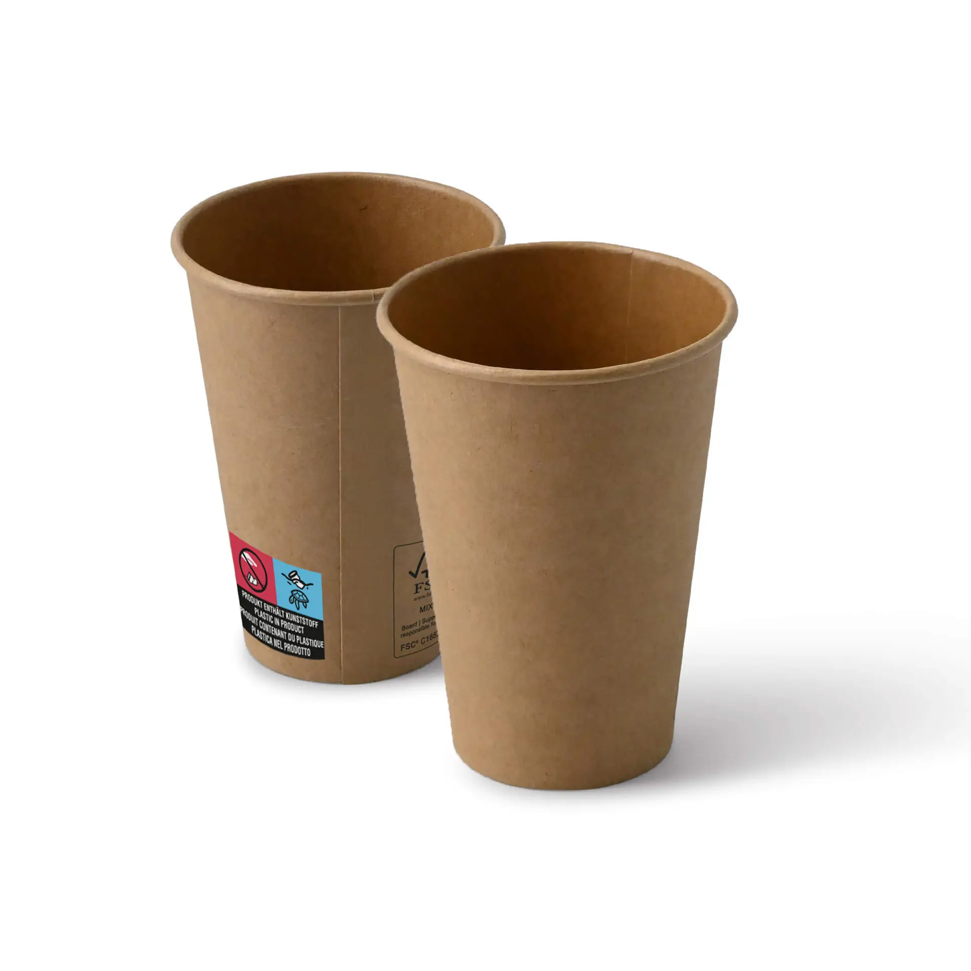 Deux gobelets en papier marron de 7,5 oz pour distributeurs automatiques ; l'un avec une étiquette et des marquages visibles, au design classique.