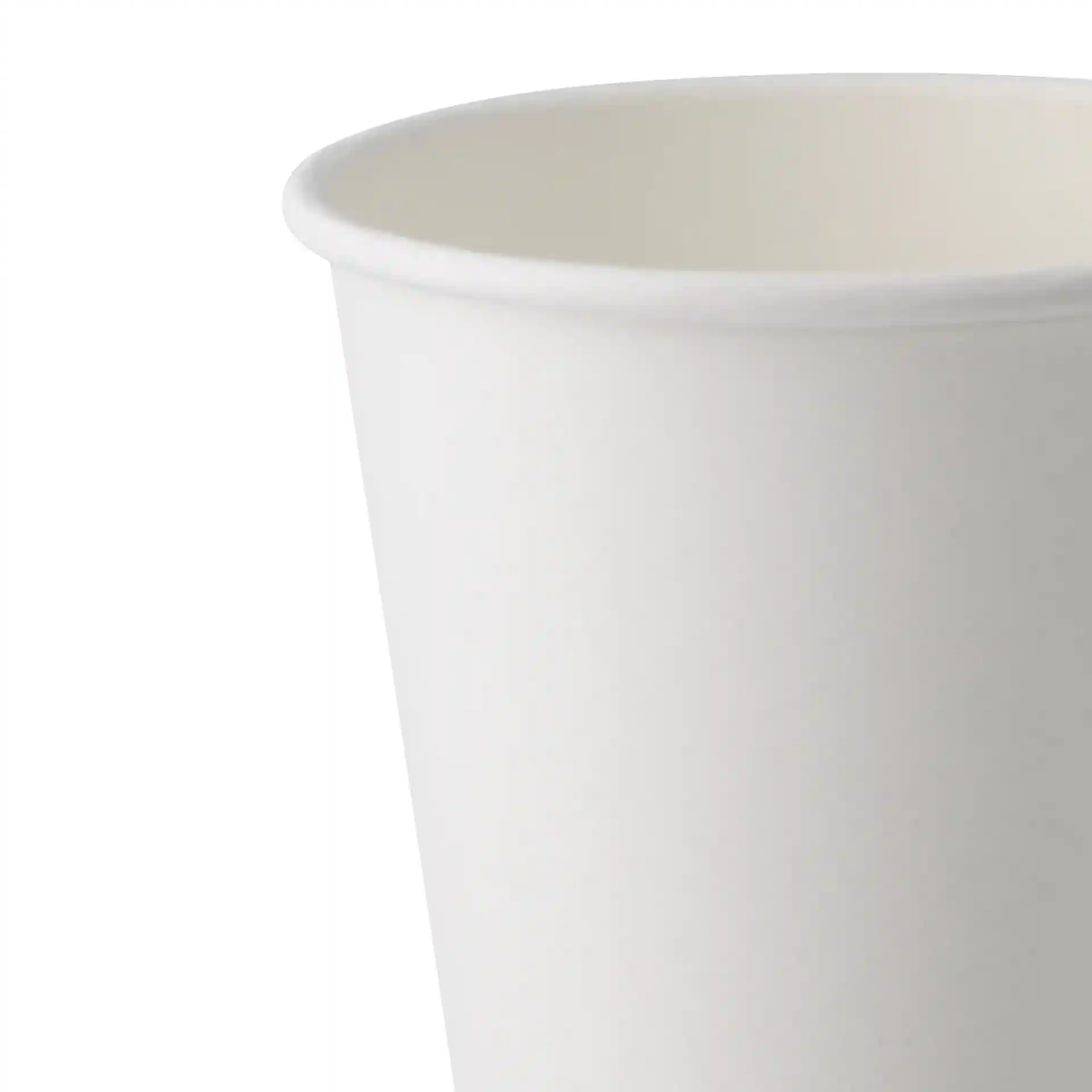 Gobelet en papier blanc à paroi simple, capacité de 300 ml et diamètre de 90 mm, montrant le bord supérieur et l'intérieur.