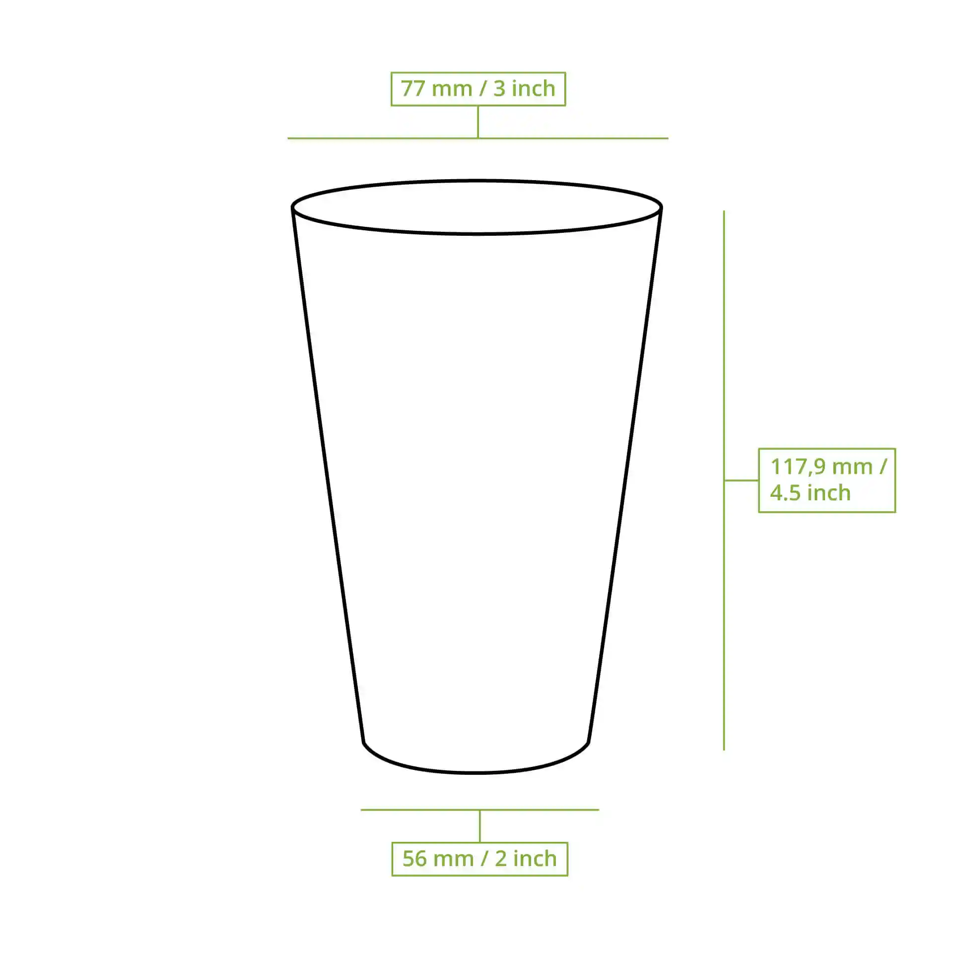 Dessin schématique d'un gobelet réutilisable transparent avec dimensions : hauteur 117 mm, diamètre supérieur 77 mm, diamètre inférieur 56 mm.
