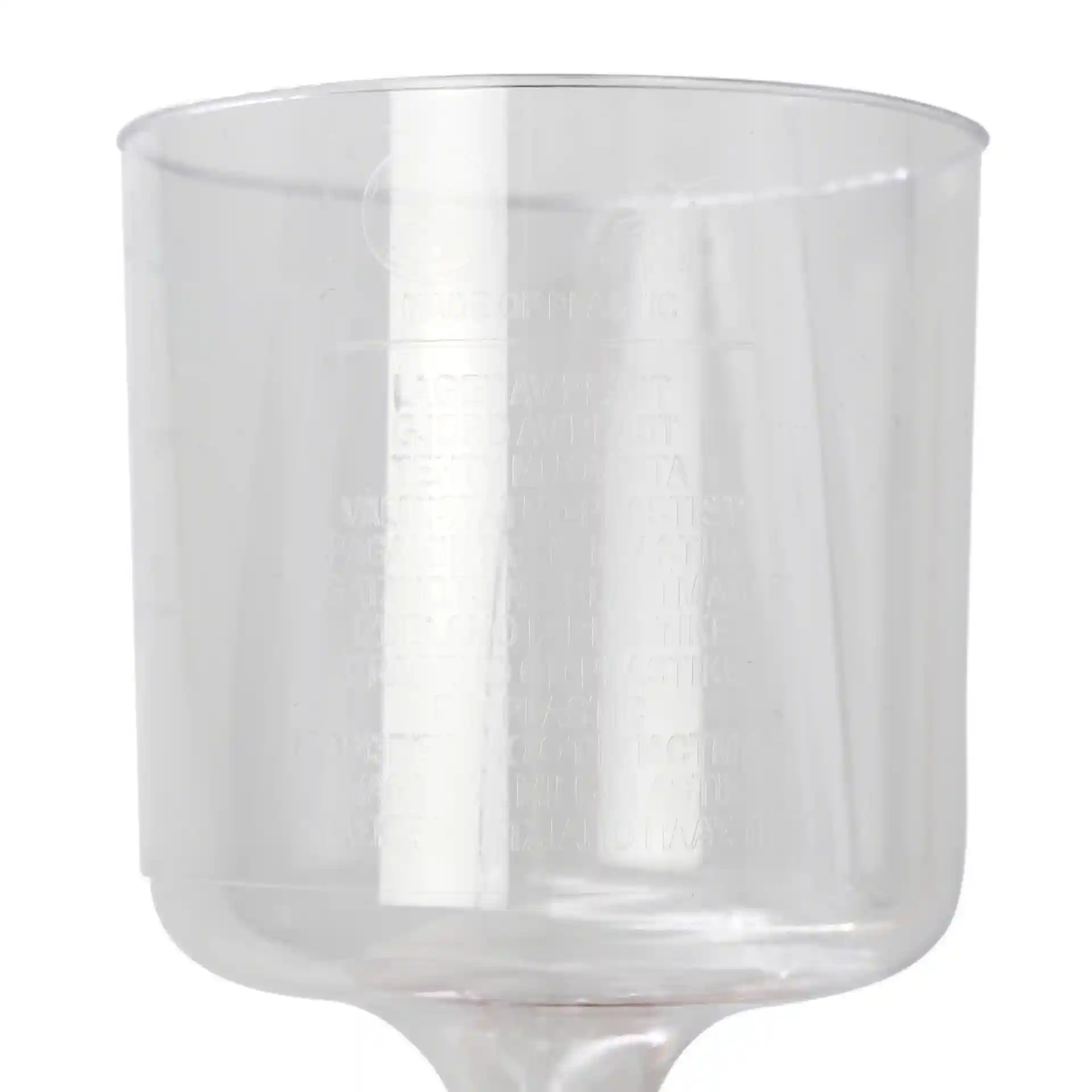 Verre à vin réutilisable transparent d'une capacité de 200 ml, avec une surface lisse et une base effilée.