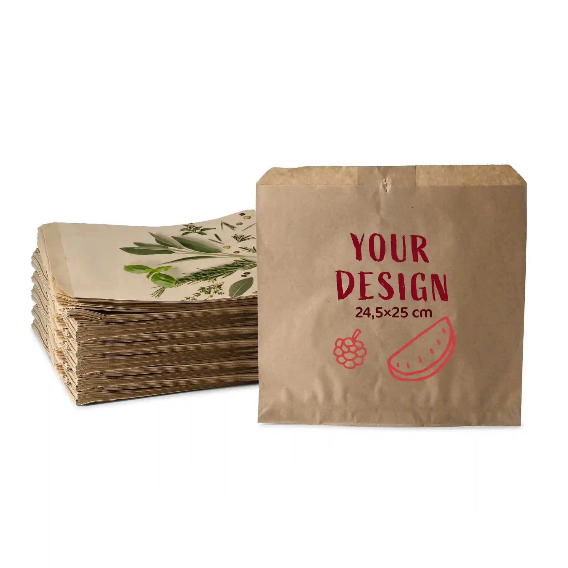Sacs plats marron avec un design imprimé, mesurant 24,5 × 25 cm, empilés derrière un sac unique.