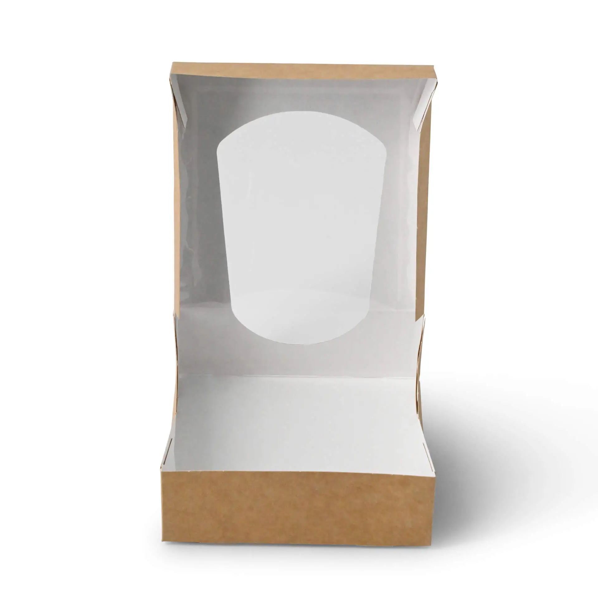 Boîte en carton marron avec fenêtre en cellulose, mesurant 12 x 12 x 4 cm, avec un intérieur blanc.