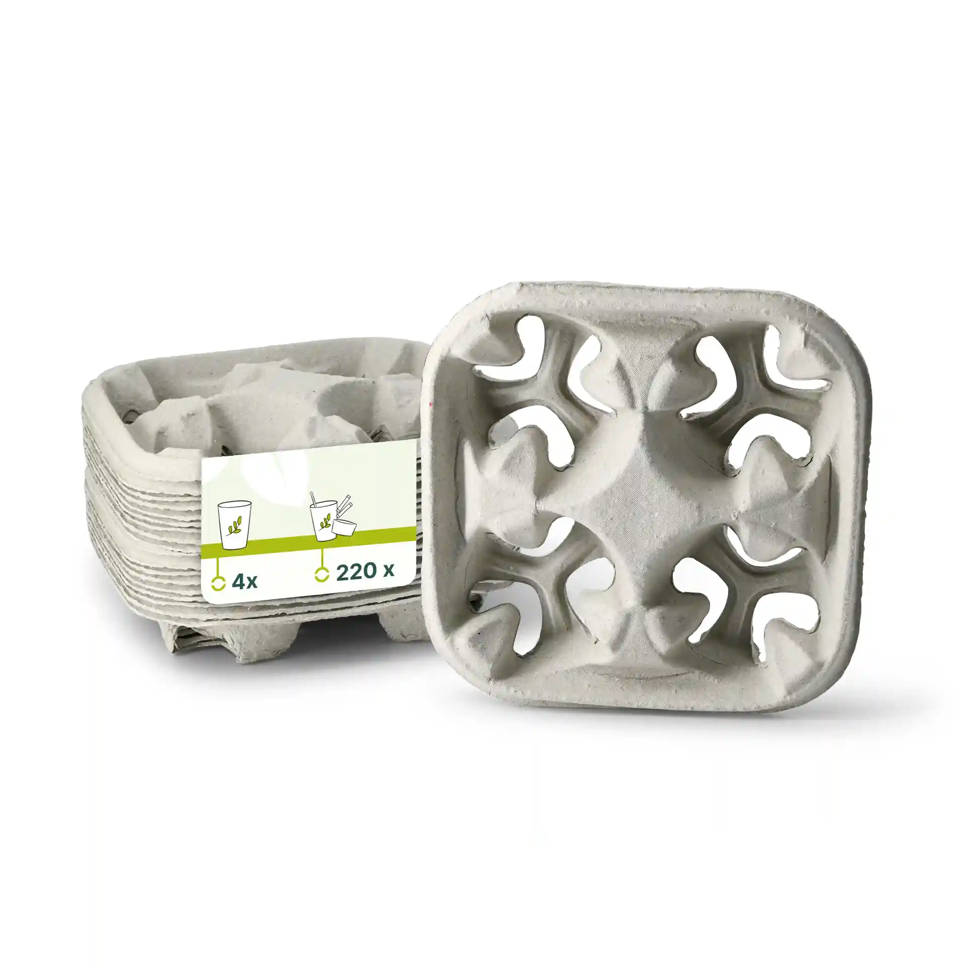 Porte-gobelet en carton avec quatre compartiments, papier non blanchi, dimensions 210mm x 210mm x 49mm.