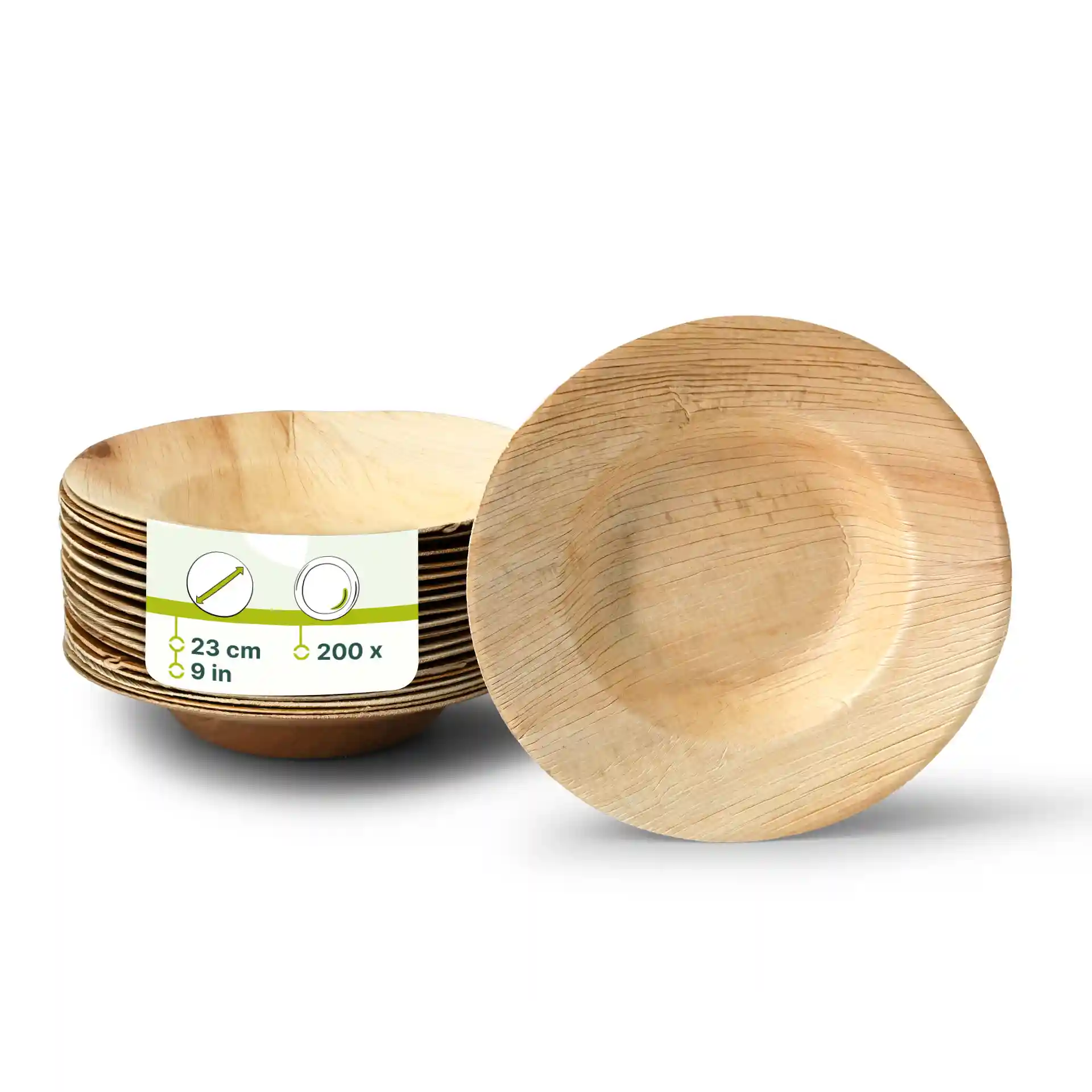 Empilement d'assiettes en feuilles de palmier, rondes avec un diamètre de 23 cm, montrant une assiette devant et une étiquette avec des détails.