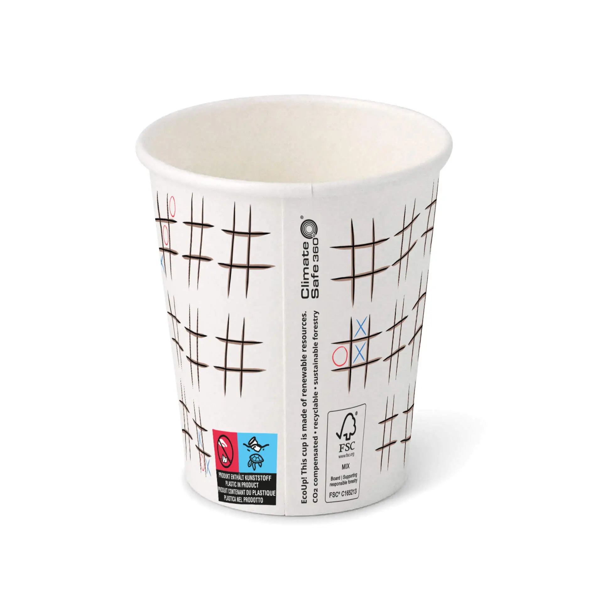 Gobelet en carton imprimé "Tic Tac Toe" (revêtu) 200 ml / 8 oz, Ø 80 mm, blanc