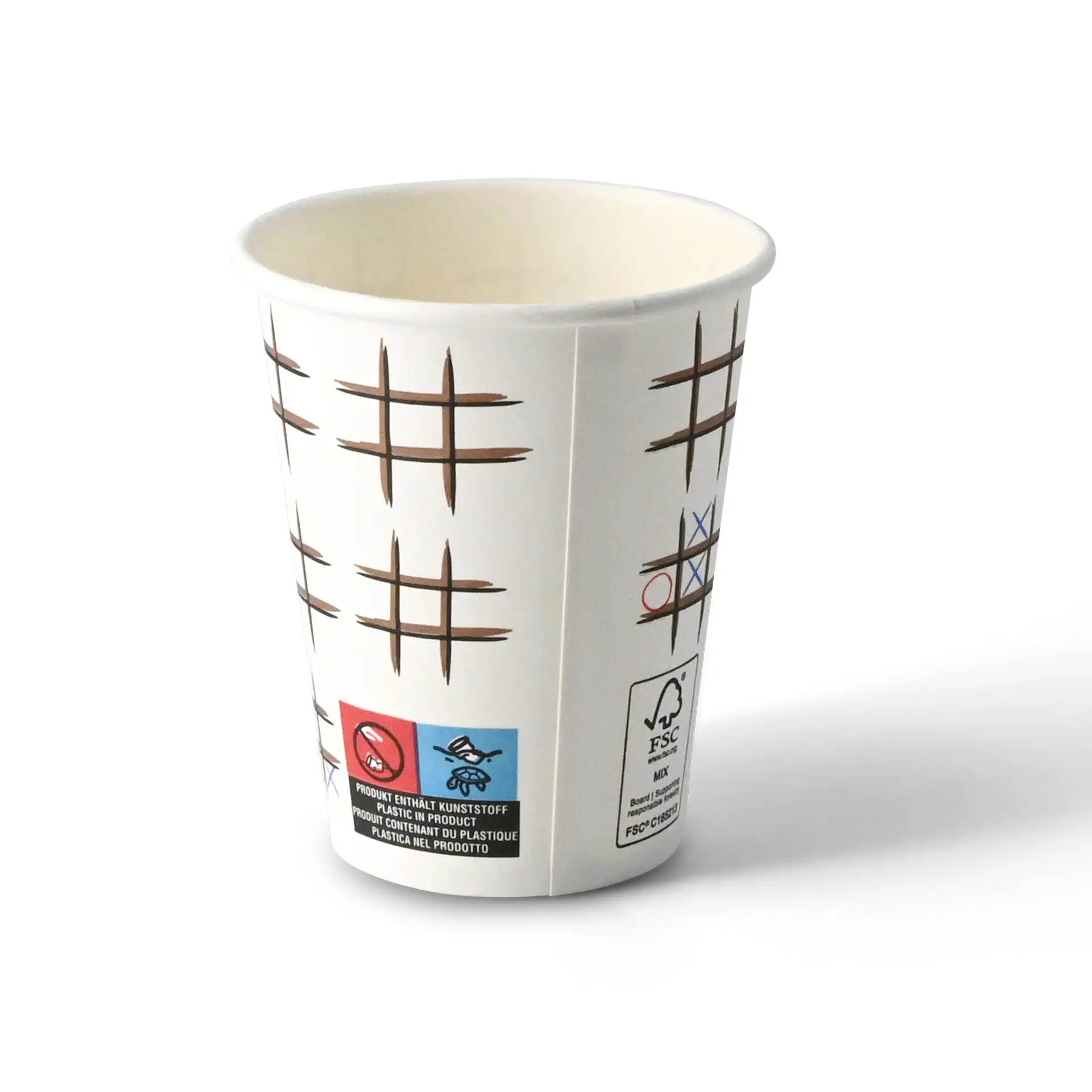 Gobelet blanc avec un design imprimé de morpion, montrant une forme ronde et une surface enduite.