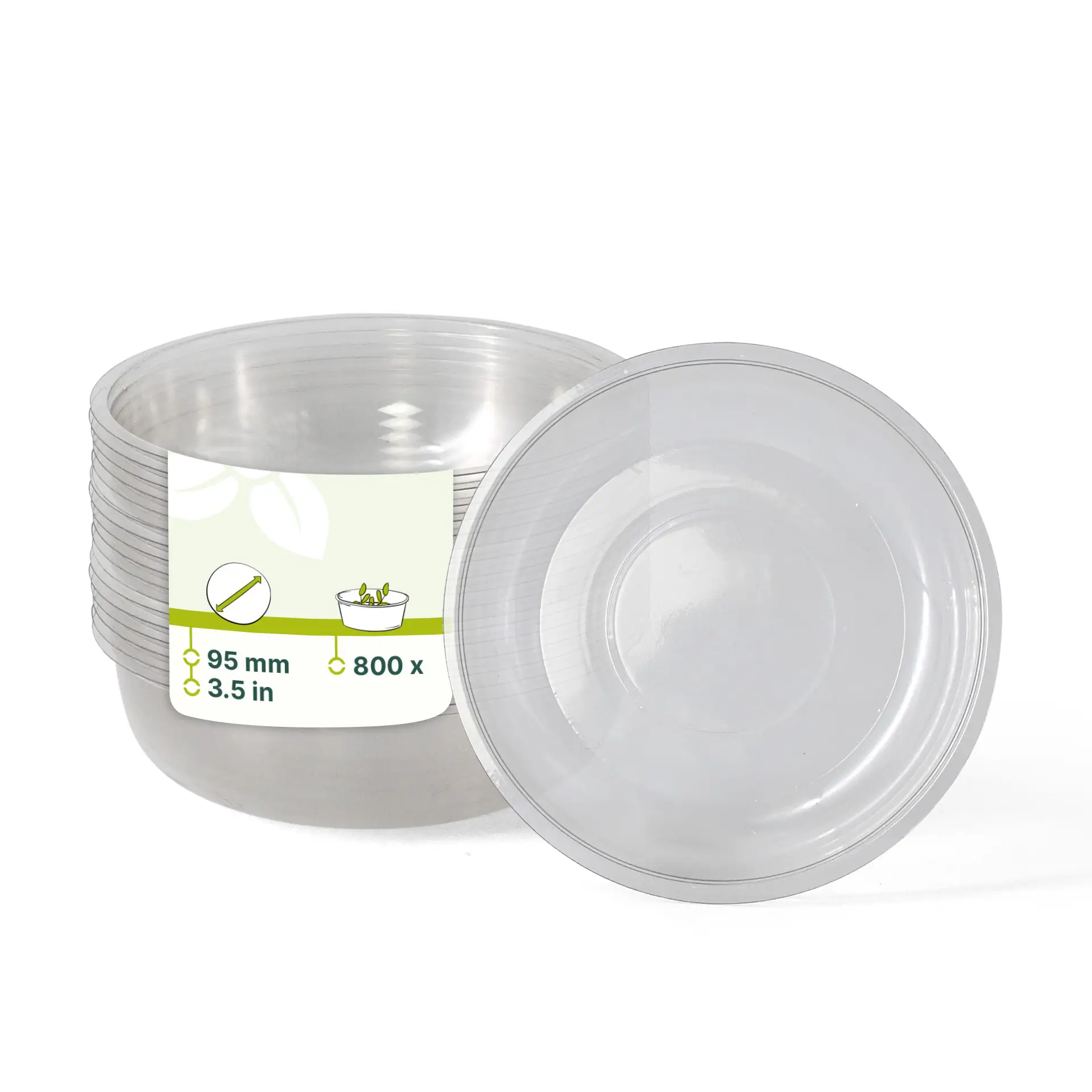 Cups en PET transparent empilés avec une étiquette indiquant les dimensions et le volume, avec un cup positionné verticalement.