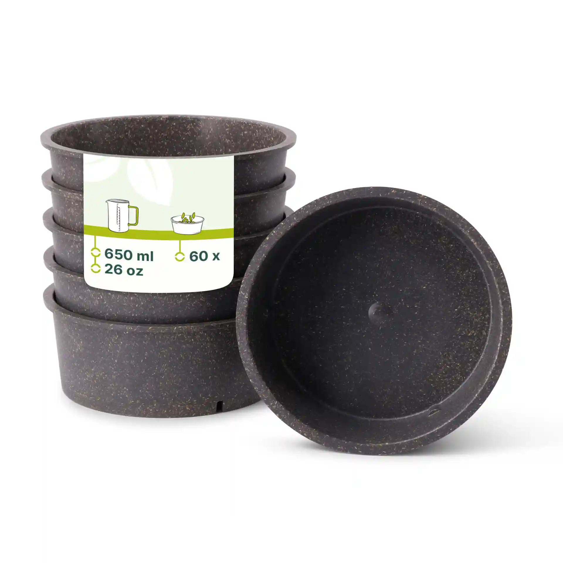 Empilement de quatre bols réutilisables gris en matériau bio, avec un bol retourné pour montrer l'intérieur.