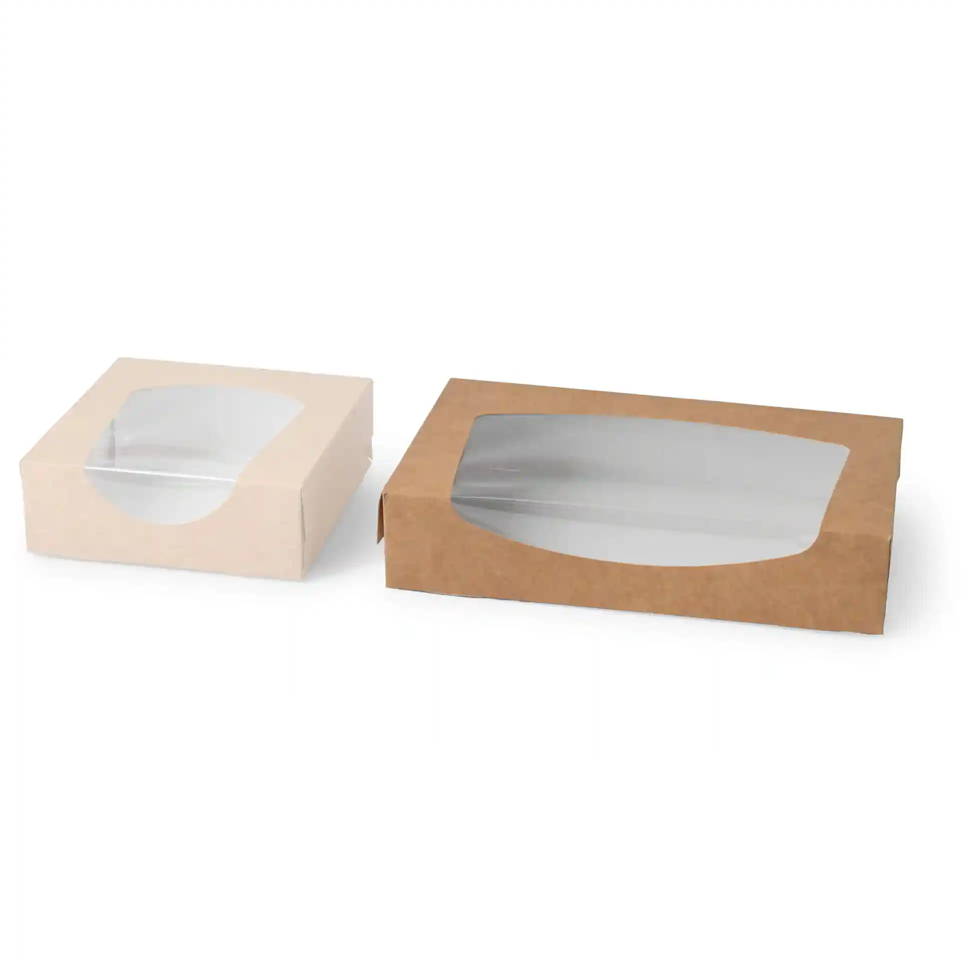 Deux boîtes en carton avec fenêtres, une brune et une blanche, avec des fenêtres en plastique transparent, mesurant 20 x 12 x 4 cm.