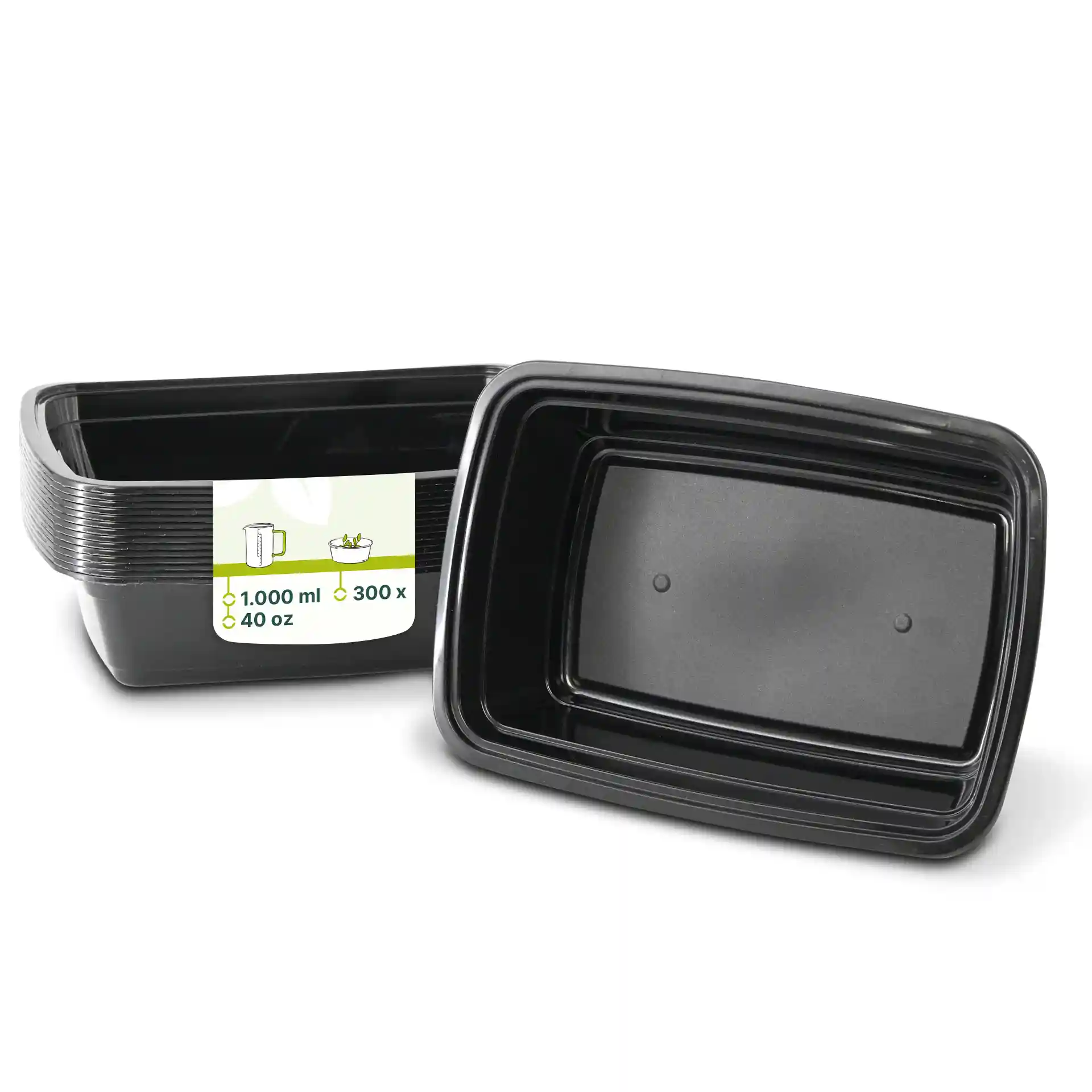 Conteneur rectangulaire réutilisable noir en PP, capacité de 1000 ml, hauteur de 52 mm, longueur de 217 mm, largeur de 150 mm.