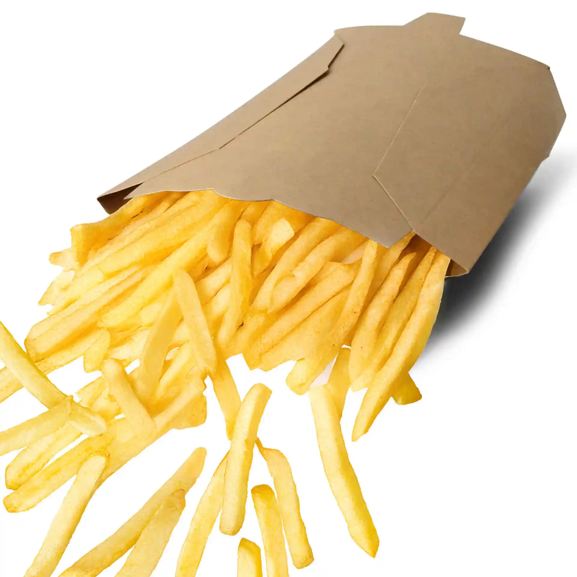 Pelle en carton marron avec des frites qui débordent, dimensions 8 x 5,5 x 11 cm.