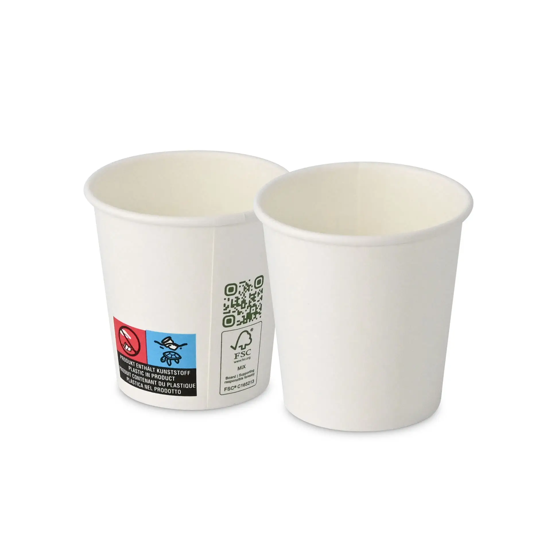 Deux gobelets en papier blancs à paroi simple, capacité de 100 ml, avec des étiquettes visibles sur le côté.