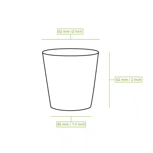 Dessin schématique d'un gobelet avec des lignes de dimension indiquant une hauteur de 60 mm et un diamètre de 62 mm.