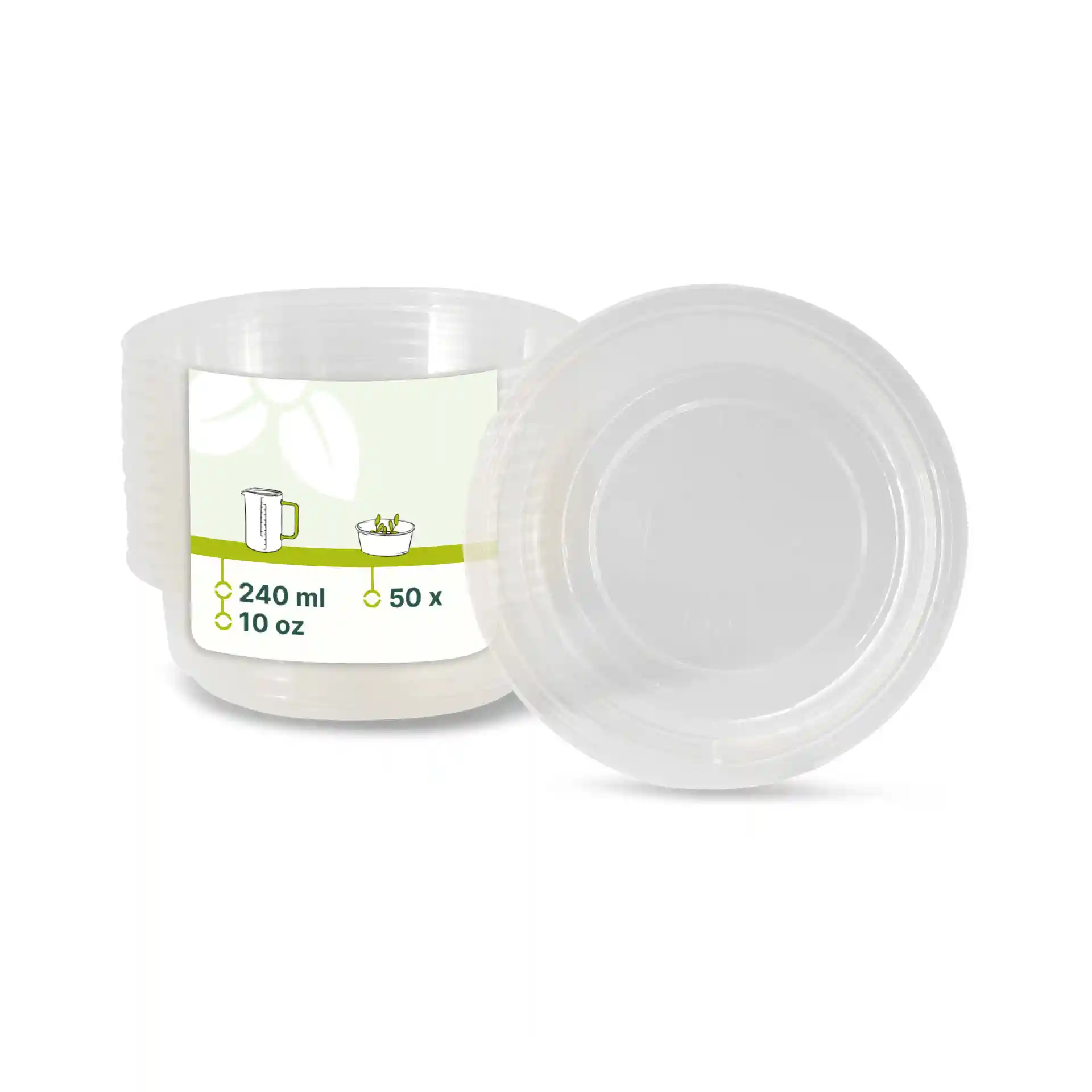 Conteneur rond transparent de 240 ml, montrant le couvercle et une étiquette avec des illustrations.