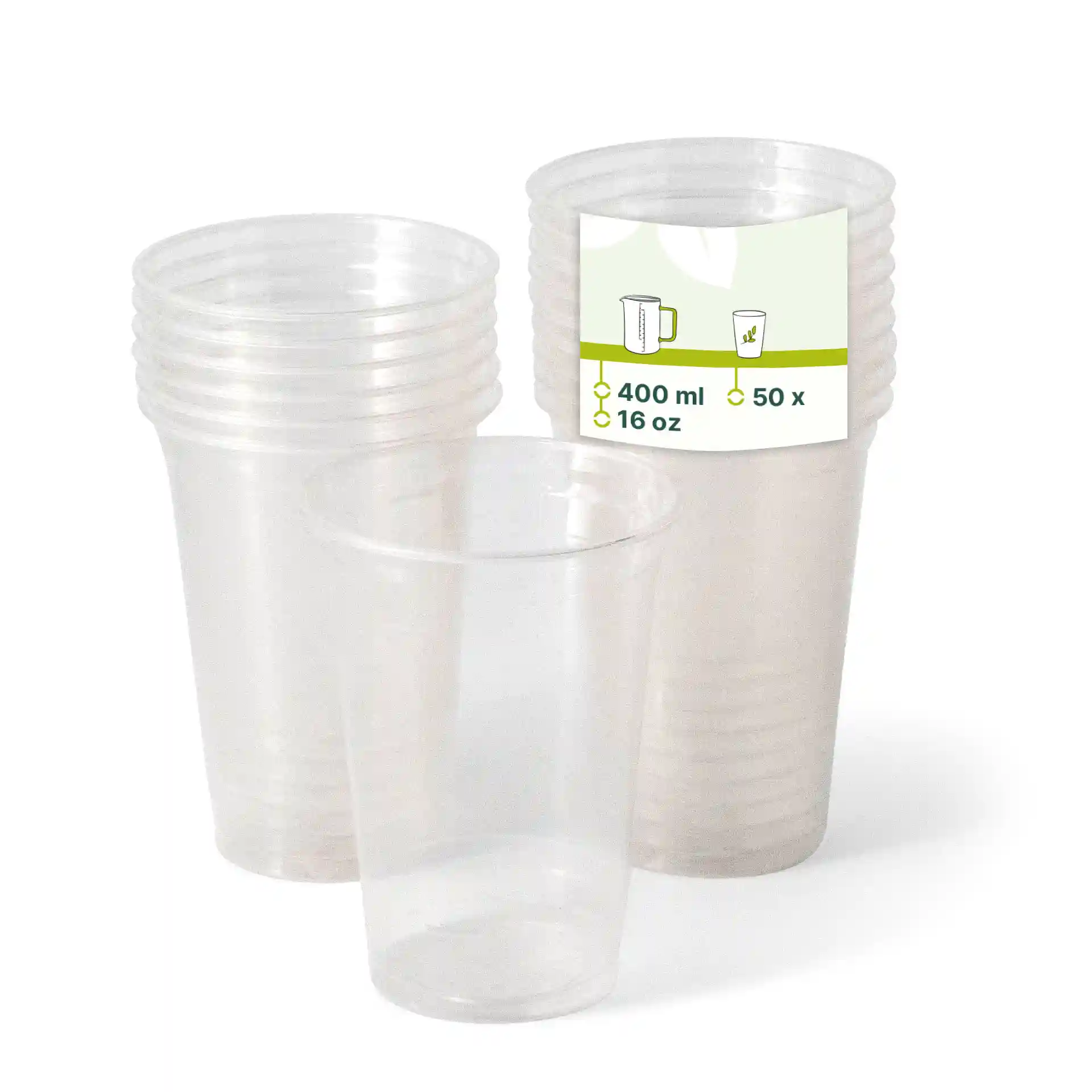 Gobelets en plastique transparents empilés, avec un gobelet devant et une étiquette indiquant une capacité de 400 ml et 50 unités.