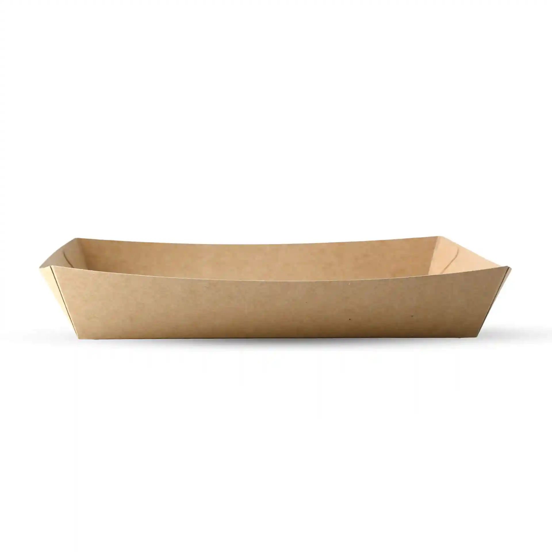 Plateau rectangulaire en carton brun de dimensions 27 x 20 x 3,5 cm, conçu pour contenir des aliments.
