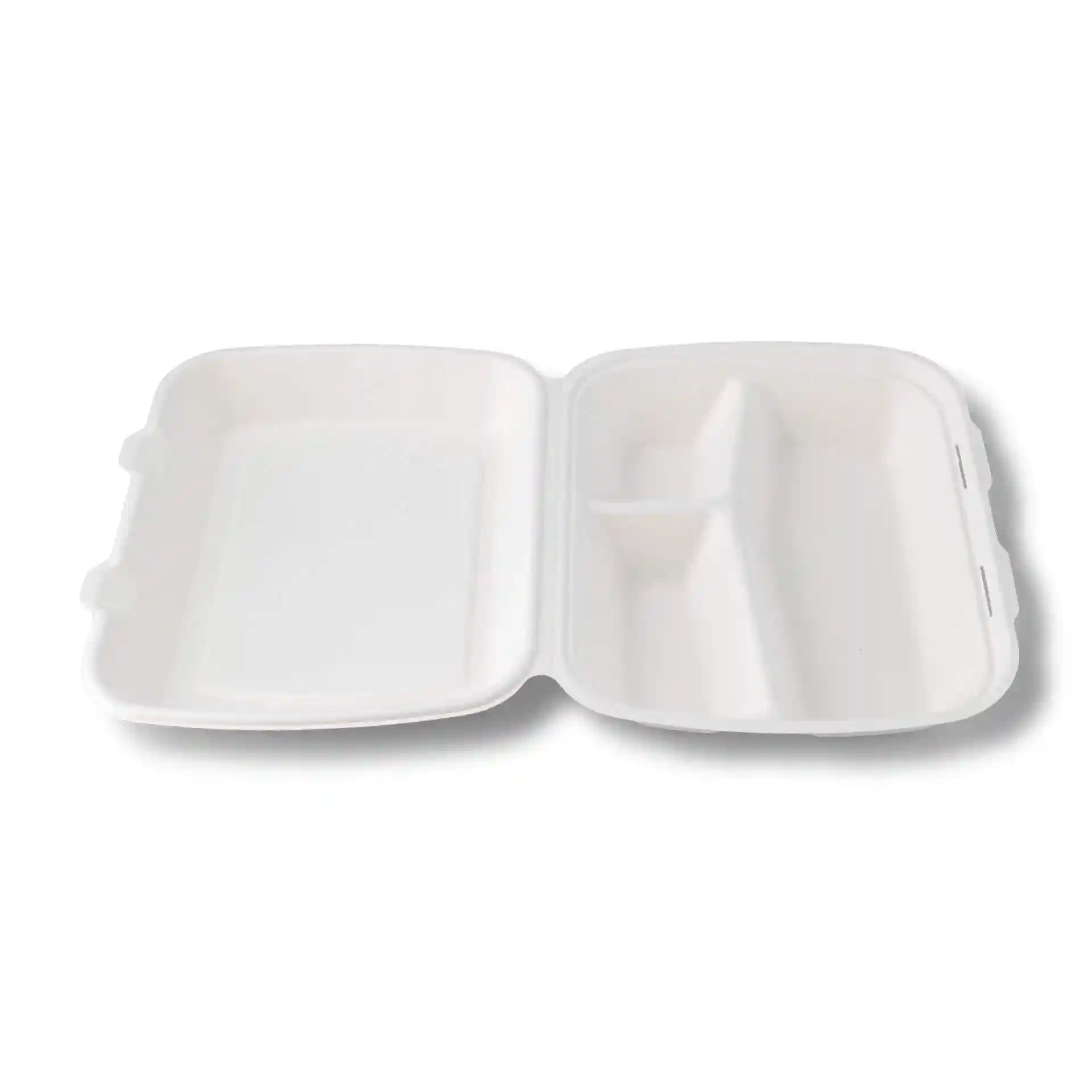 Conteneur rectangulaire blanc en canne à sucre avec couvercle à charnière et trois compartiments, mesurant 25 x 20 x 7,5 cm.