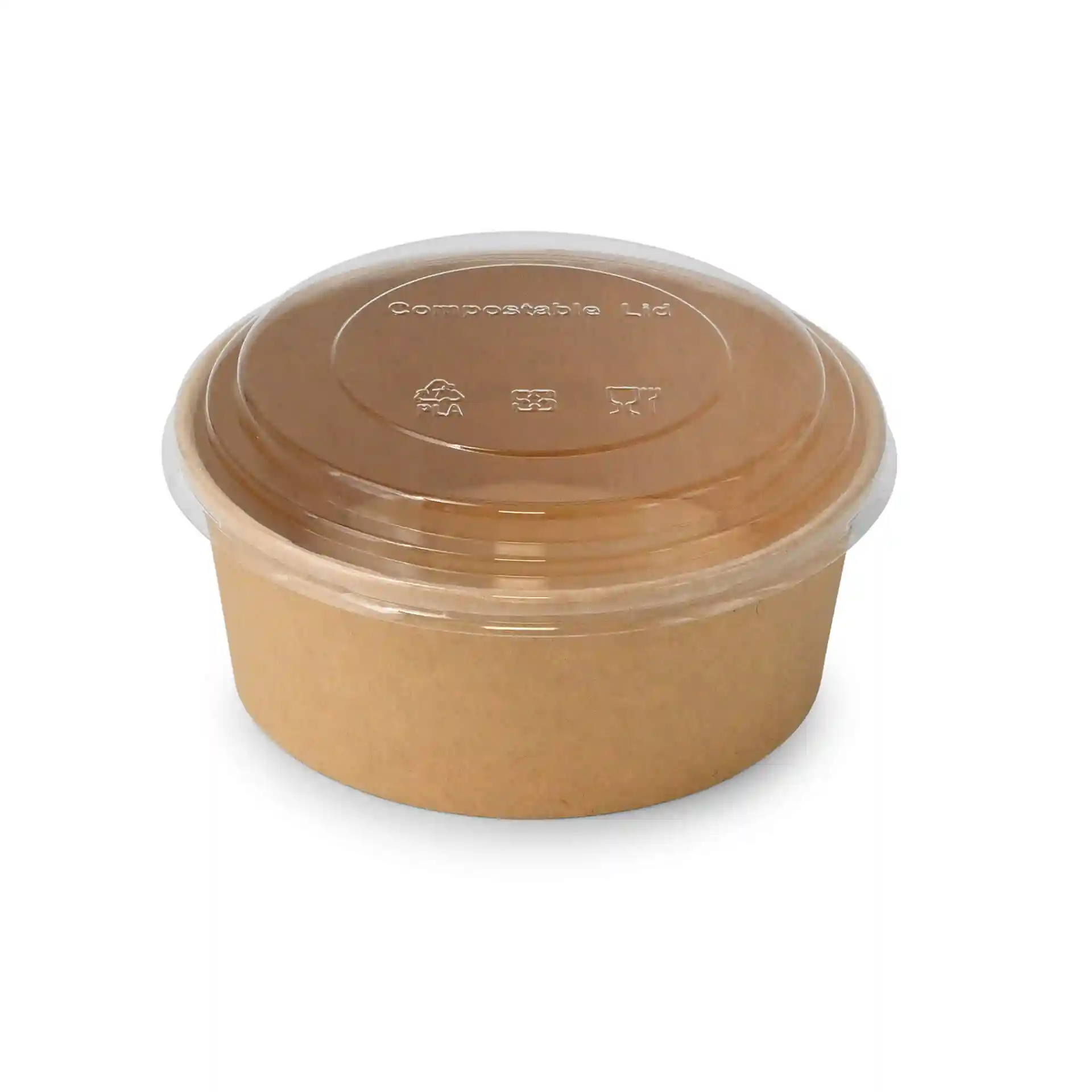 Couvercle en PLA transparent avec base en papier brun, forme ronde et hauteur de 20 mm.