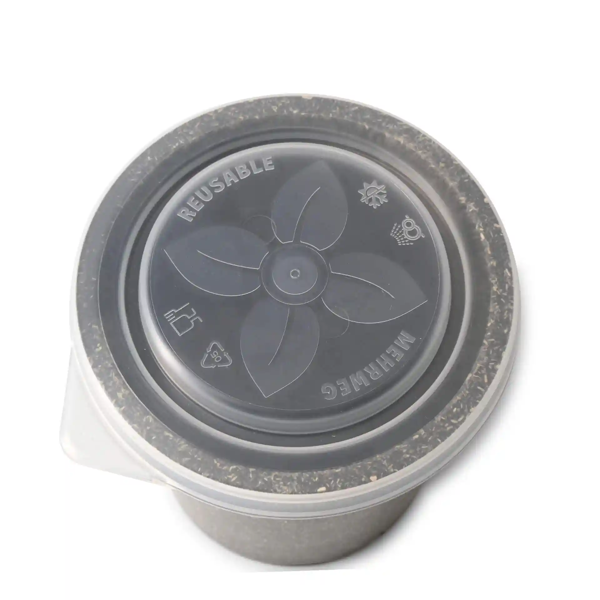 Couvercle transparent réutilisable pour un gobelet rond, avec un design floral et divers symboles sur le dessus.