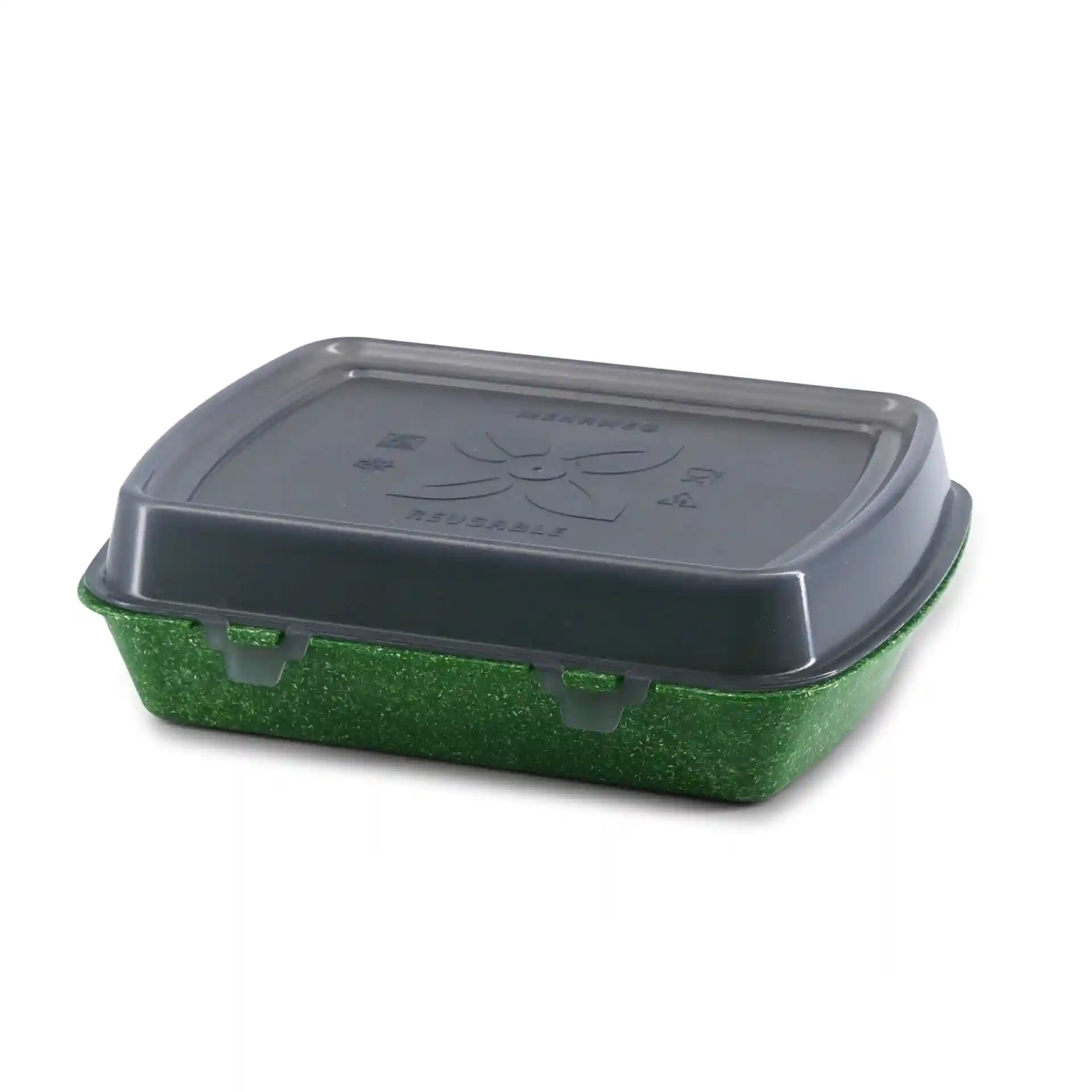 Conteneur rectangulaire réutilisable vert foncé avec un couvercle gris, mesurant 24,5 x 20 x 4,5 cm.
