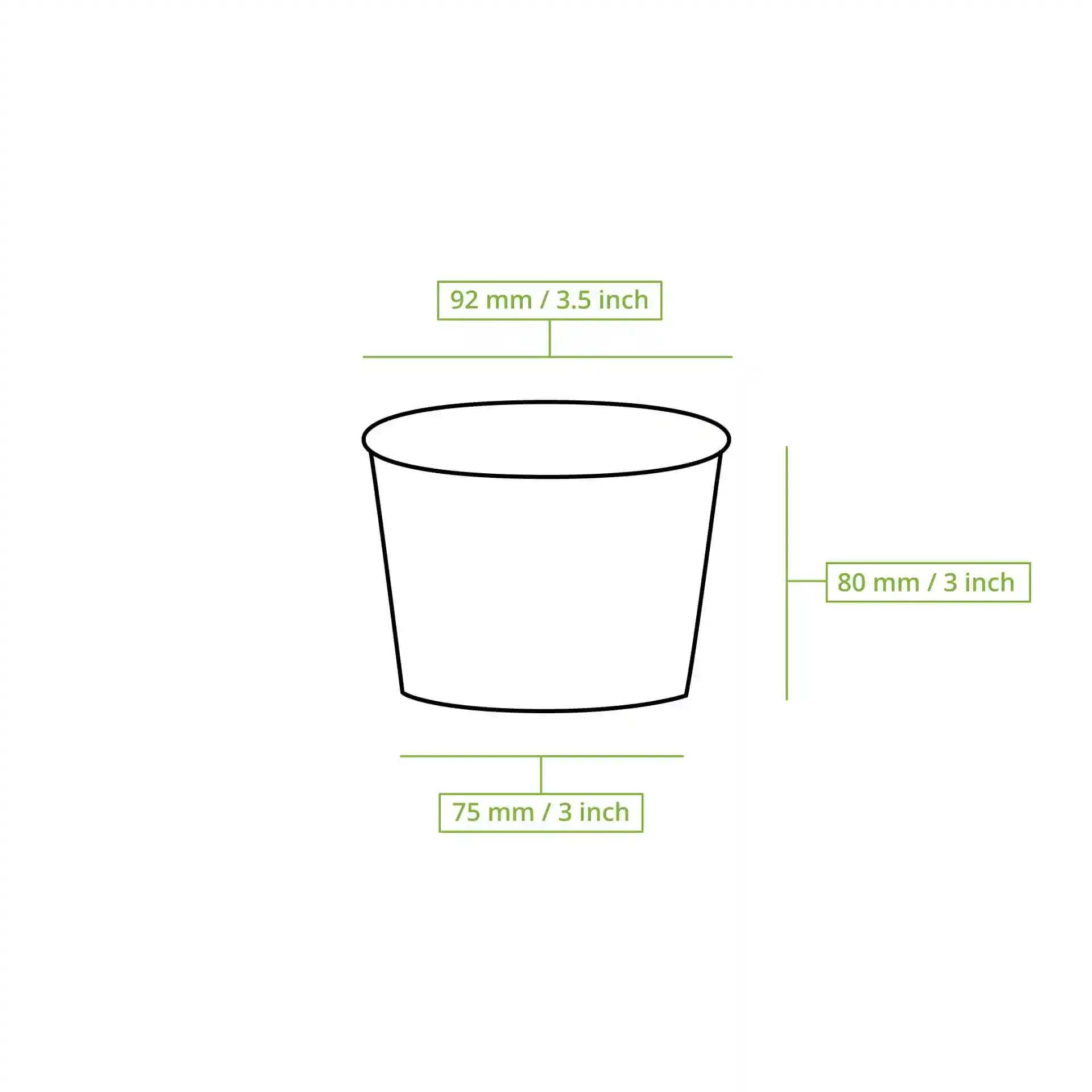 Dessin schématique d'un pot à glace en papier rond avec dimensions : 92 mm de diamètre, 82 mm de hauteur et 75 mm de diamètre de base.