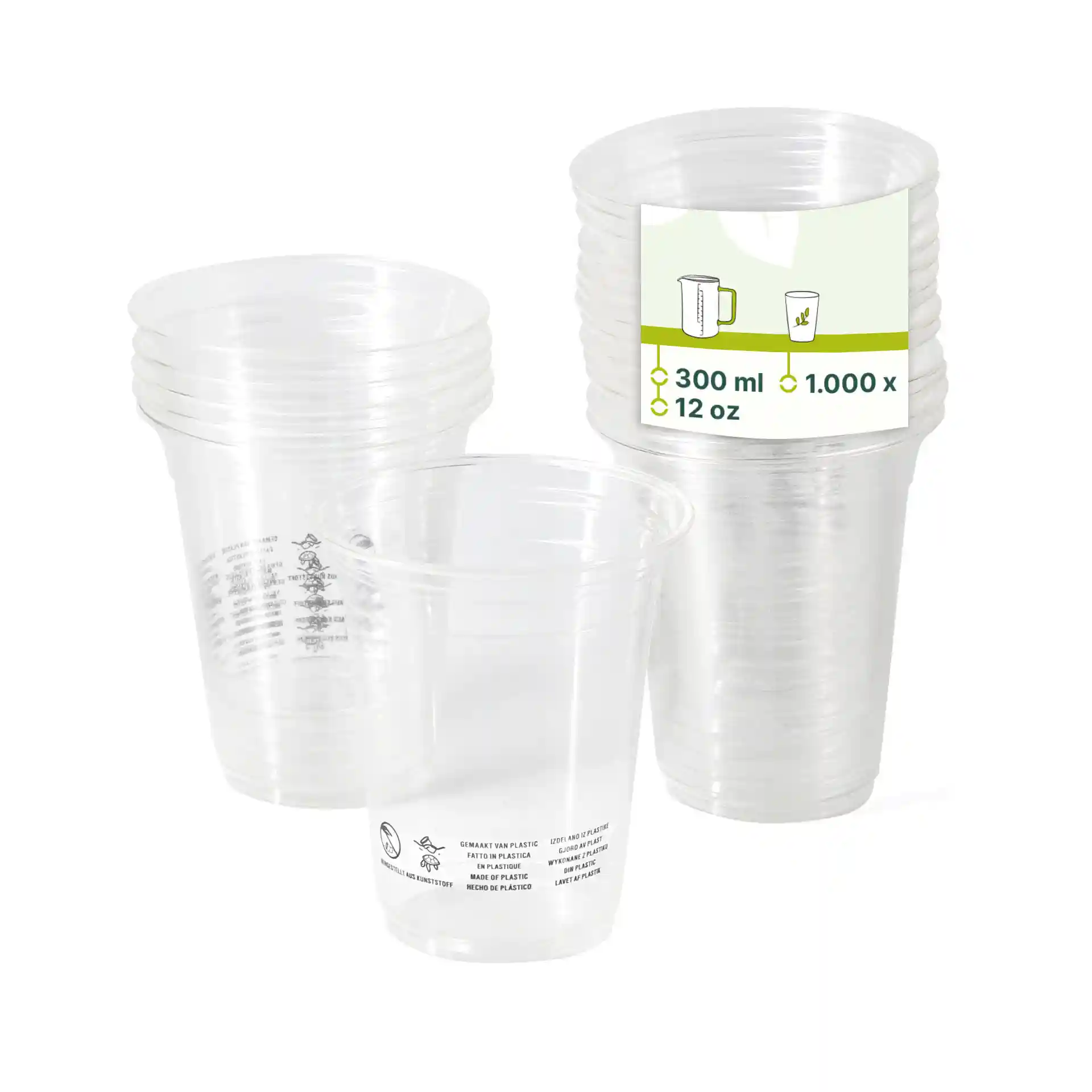 Gobelets en plastique transparent empilés, avec un gobelet devant, montrant une étiquette indiquant une capacité de 300 ml et une taille de 12 oz.