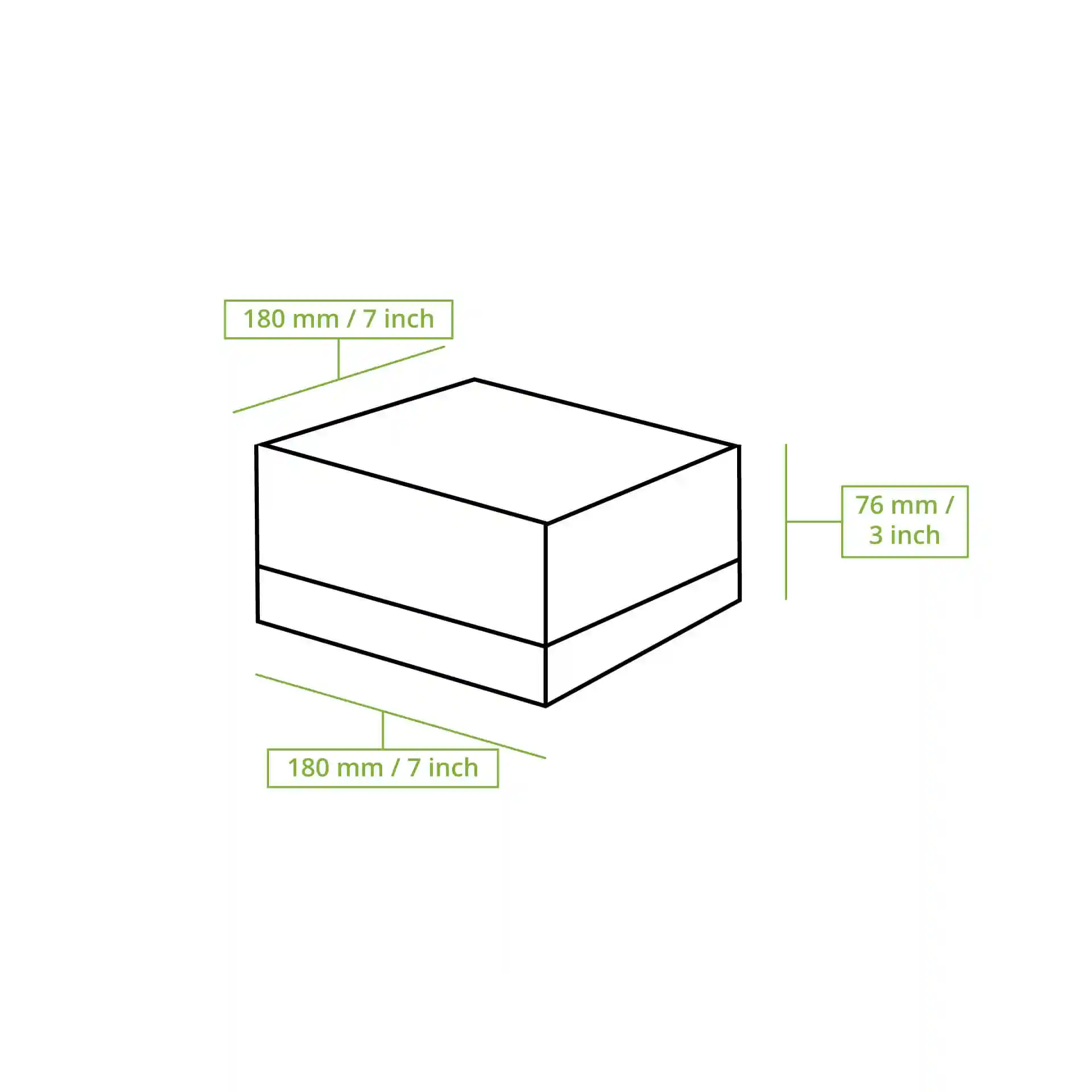 Dessin schématique d'une boîte à pâtisserie carrée avec les dimensions indiquées : 180 mm de longueur, 180 mm de largeur et 76 mm de hauteur.