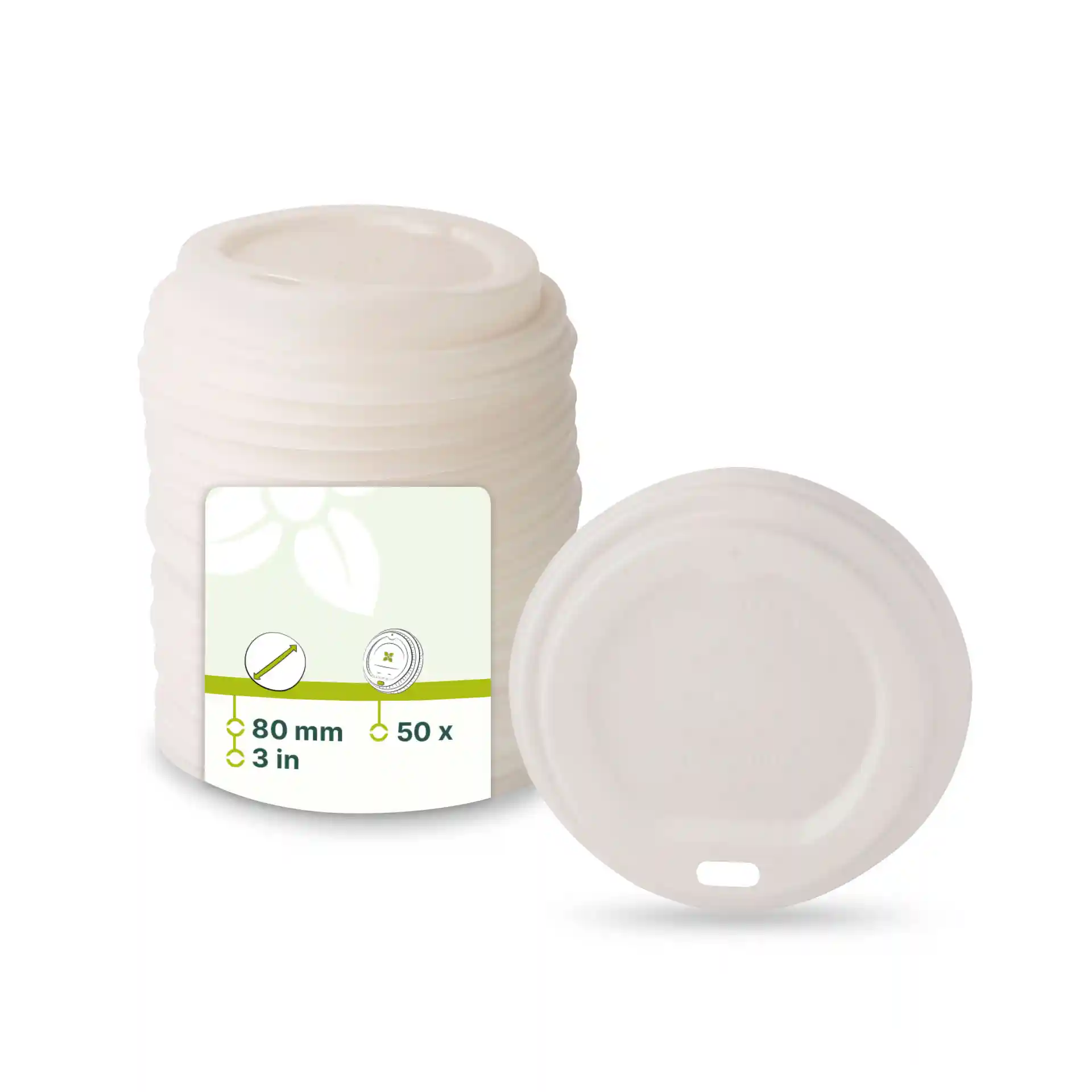 Couvercle CPLA blanc avec un trou pour boire, diamètre de 80 mm, présenté avec une pile de couvercles similaires.