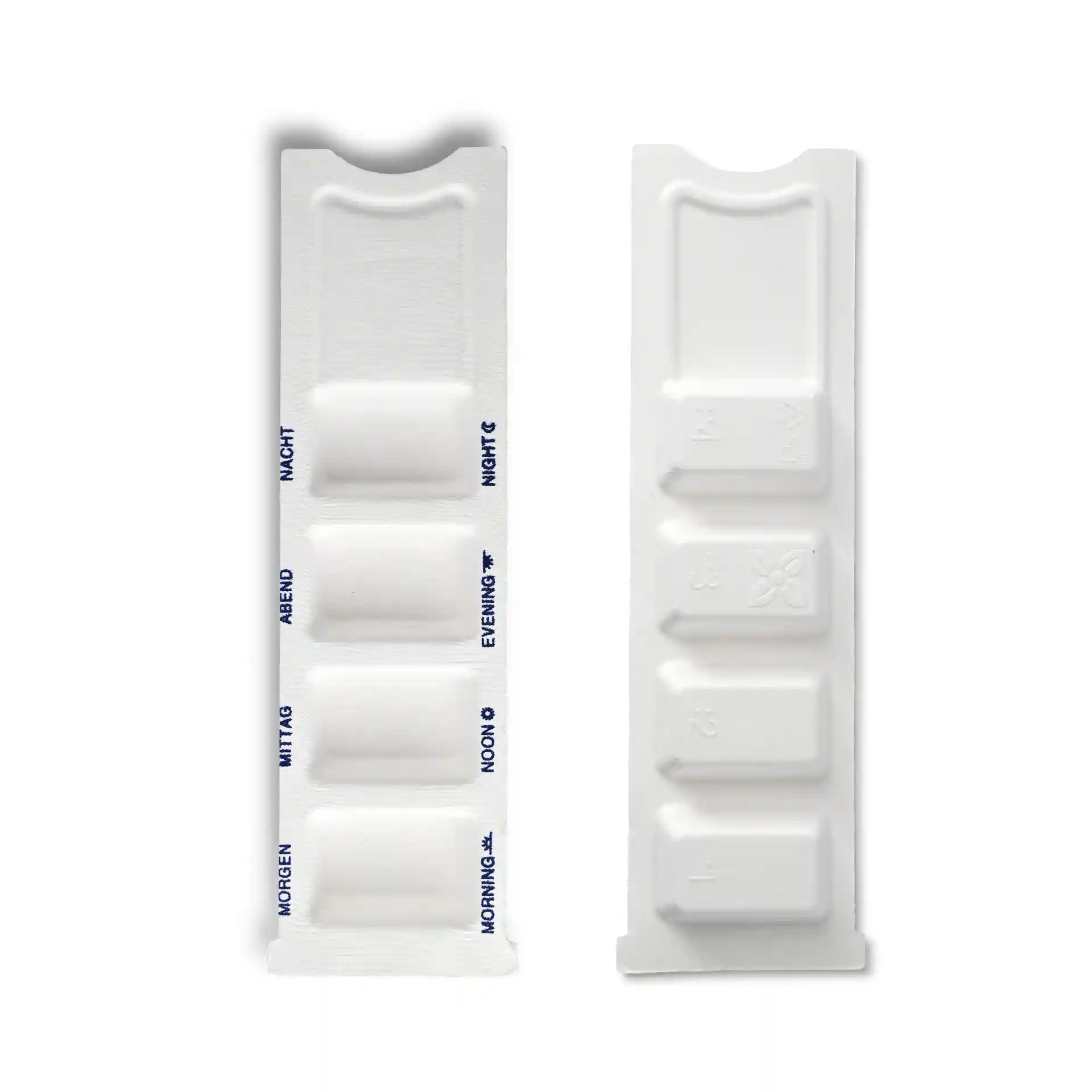 Distributeur de médicaments rectangulaire blanc avec quatre compartiments et un couvercle coulissant, mesurant 22 x 6,3 cm.