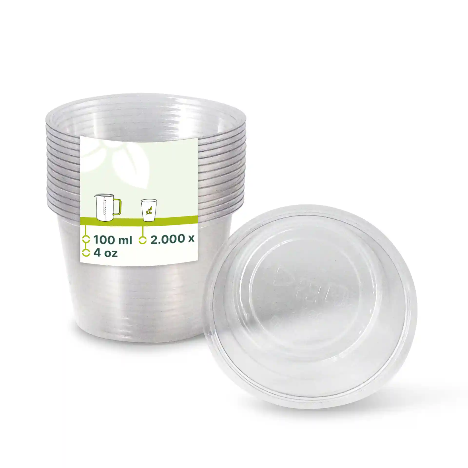 Gobelets en PLA transparents empilés avec une étiquette indiquant une capacité de 100 ml et des dimensions sur fond blanc.