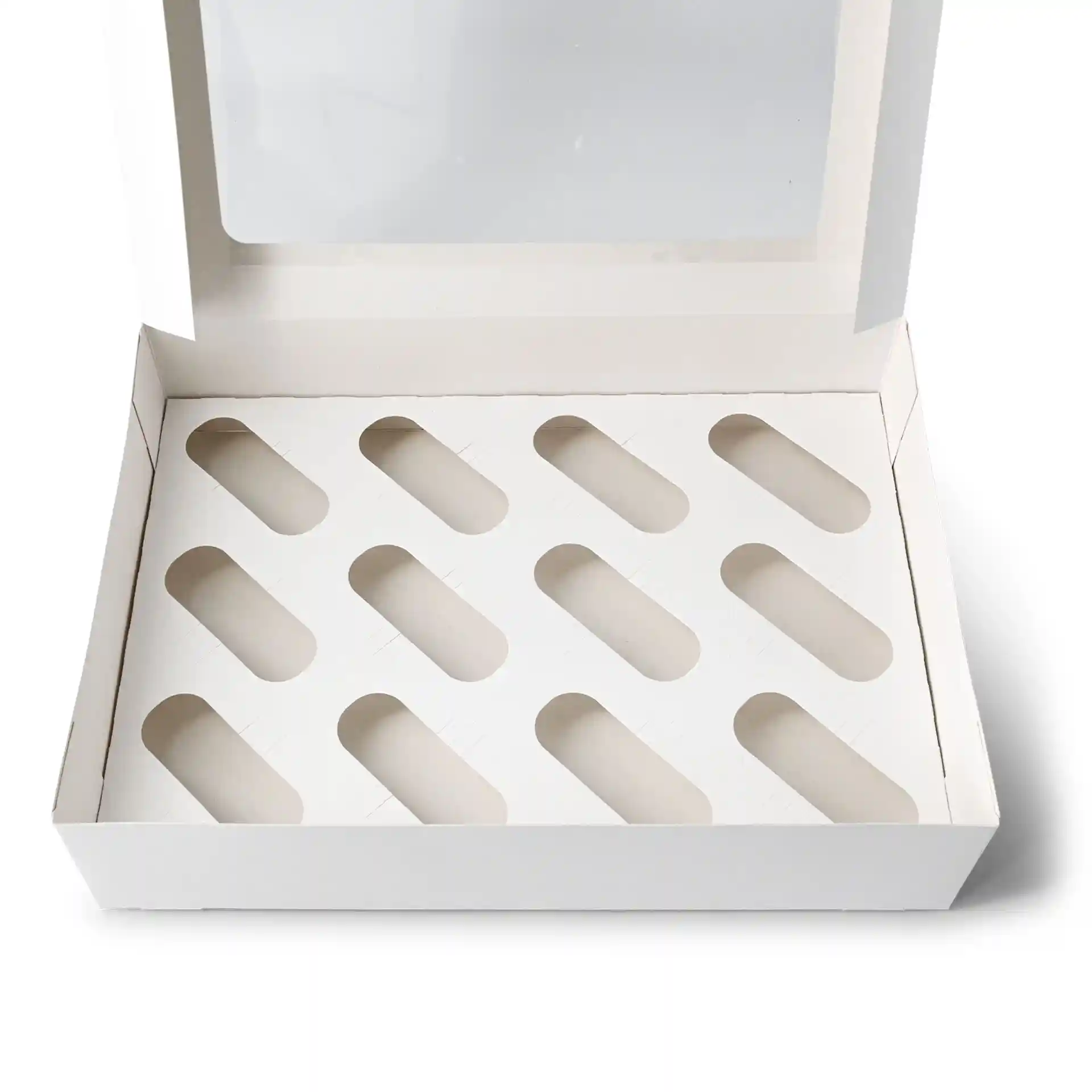 Insert en carton pour boîtes à cupcakes avec 12 découpes ovales sur une base crème blanche.