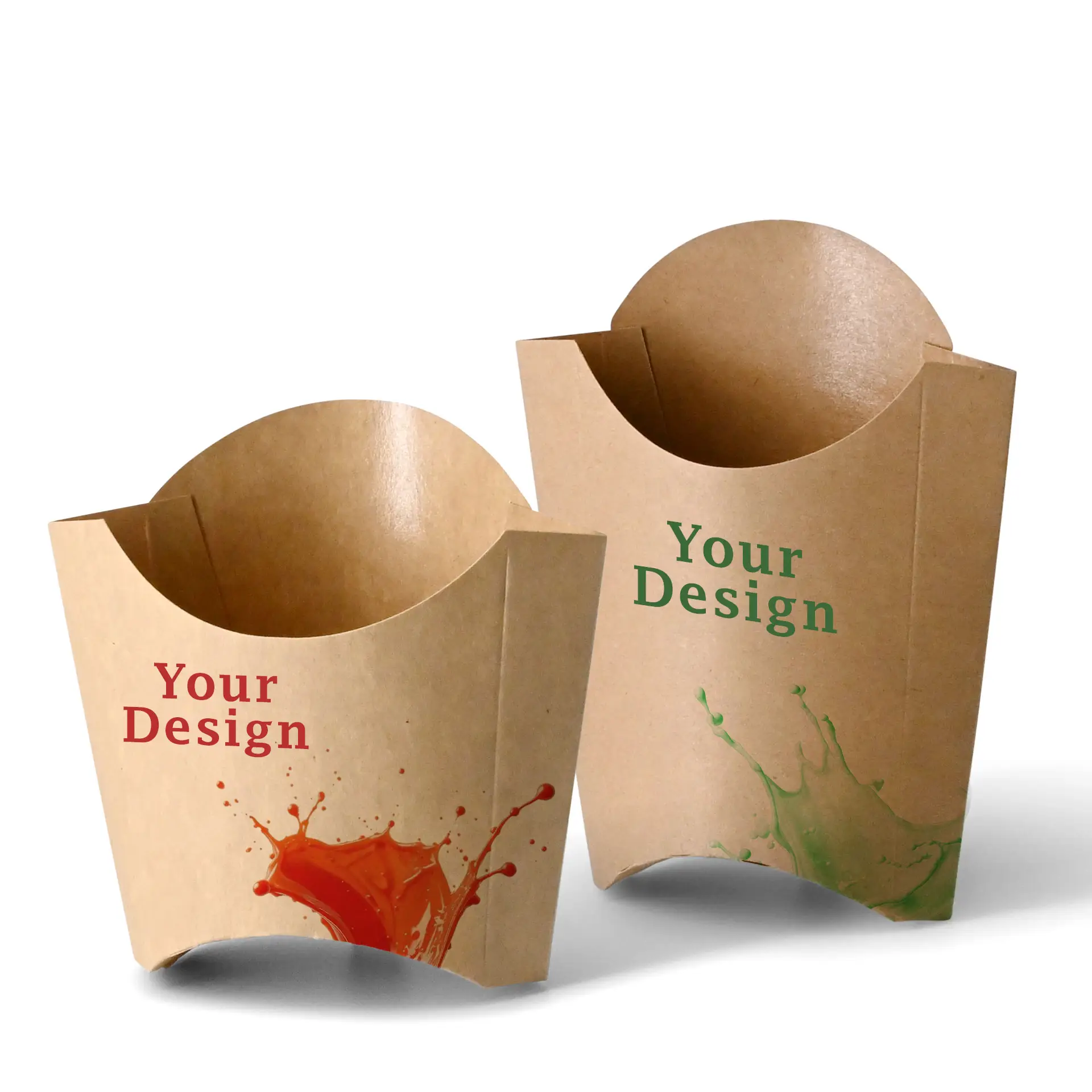 Plateaux à chips imprimés personnalisés en carton brun ; l'un présente un motif éclaboussé rouge, l'autre un motif éclaboussé vert.