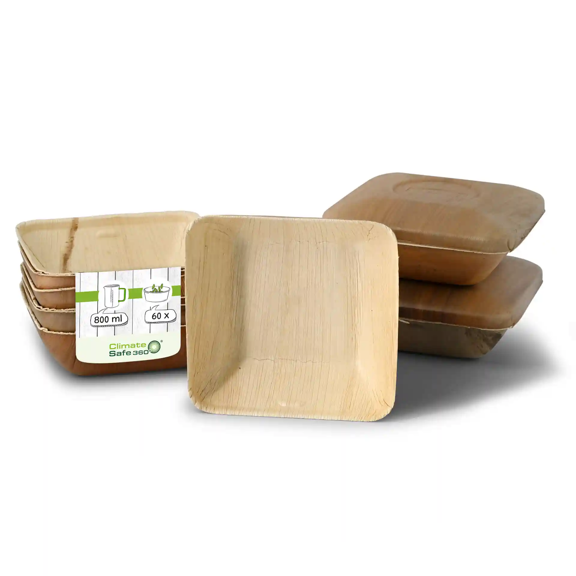 Bols carrés en feuille de palmier avec une texture en grain, empilés avec une étiquette indiquant une capacité de 800 ml.