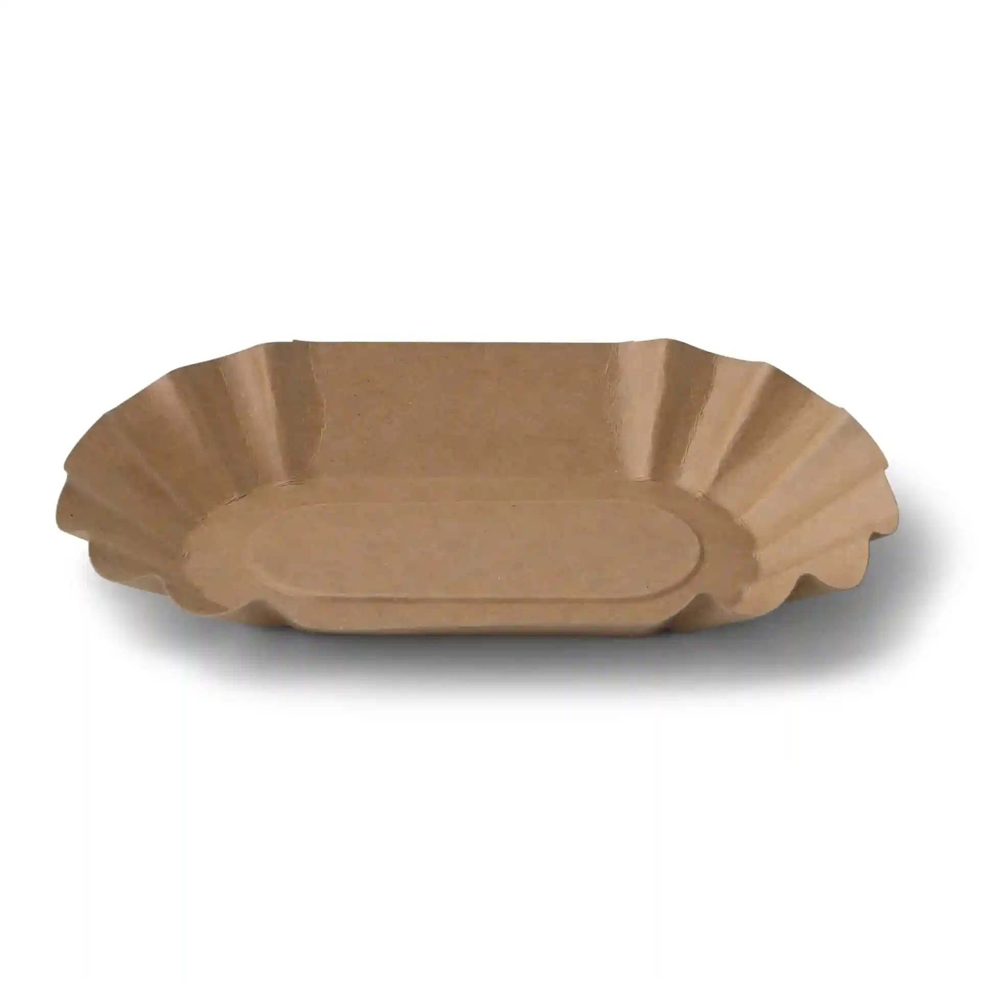 Plateau alimentaire en papier ovale marron en carton, mesurant 19,5 x 11 x 3 cm, avec un design profond et sans revêtement.