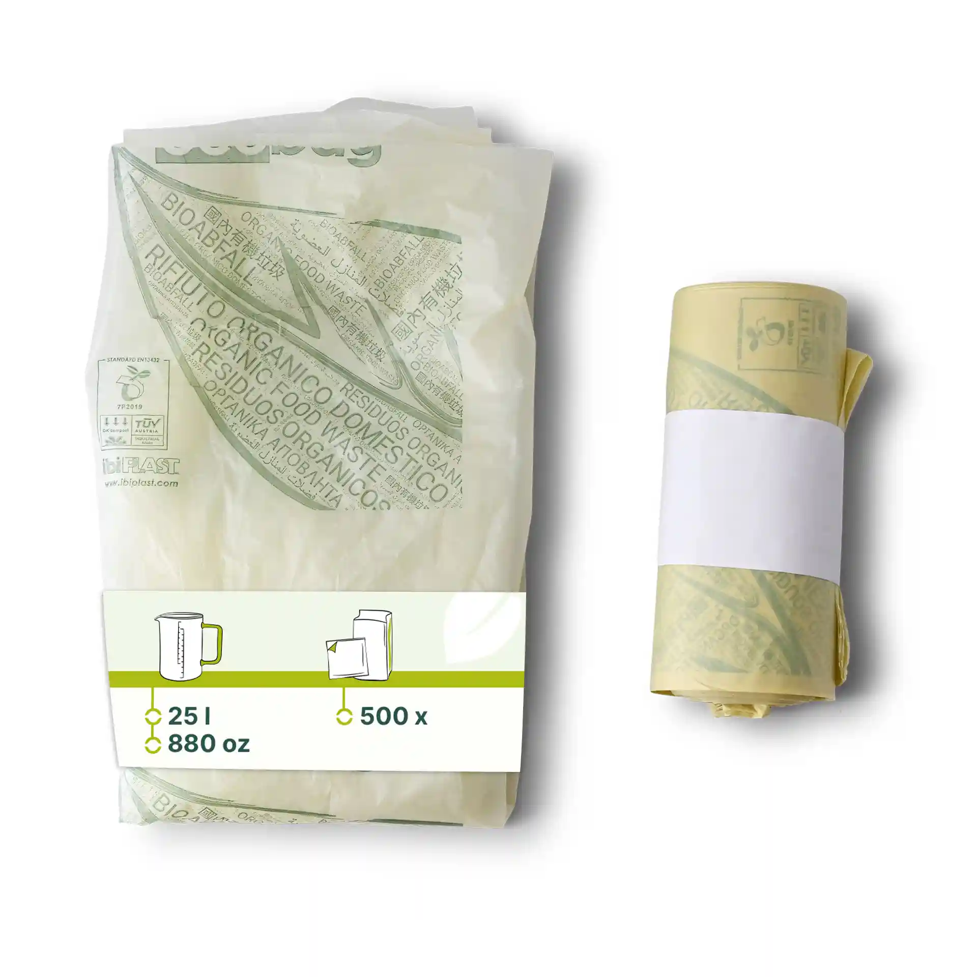 Sacs poubelle bio transparents en PLA, mesurant 50x60 cm, d'une capacité de 25 litres.