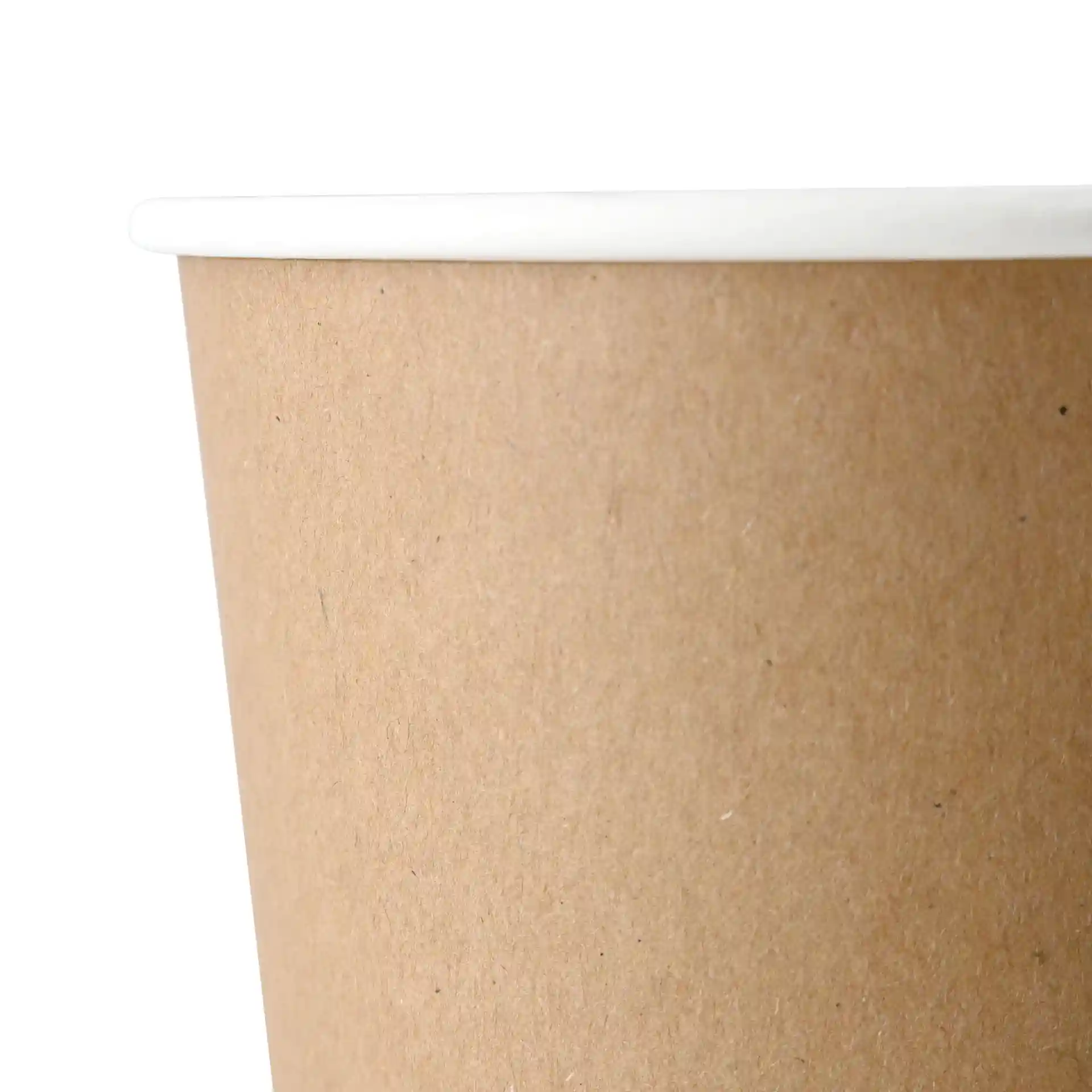 Tasse à café double paroi marron avec un bord blanc, capacité de 300 ml, diamètre de 90 mm et hauteur de 112 mm.