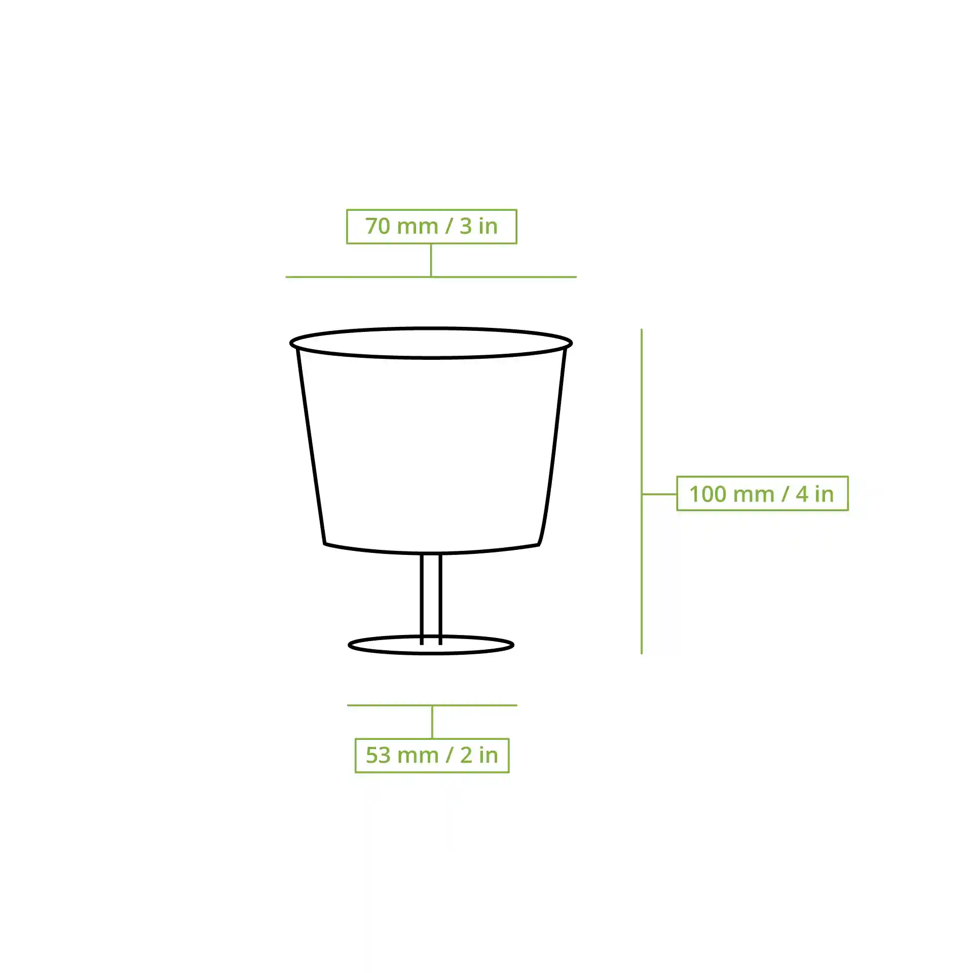 Dessin schématique d'un verre à vin avec dimensions : hauteur 100 mm, diamètre supérieur 70 mm, diamètre inférieur 53 mm.