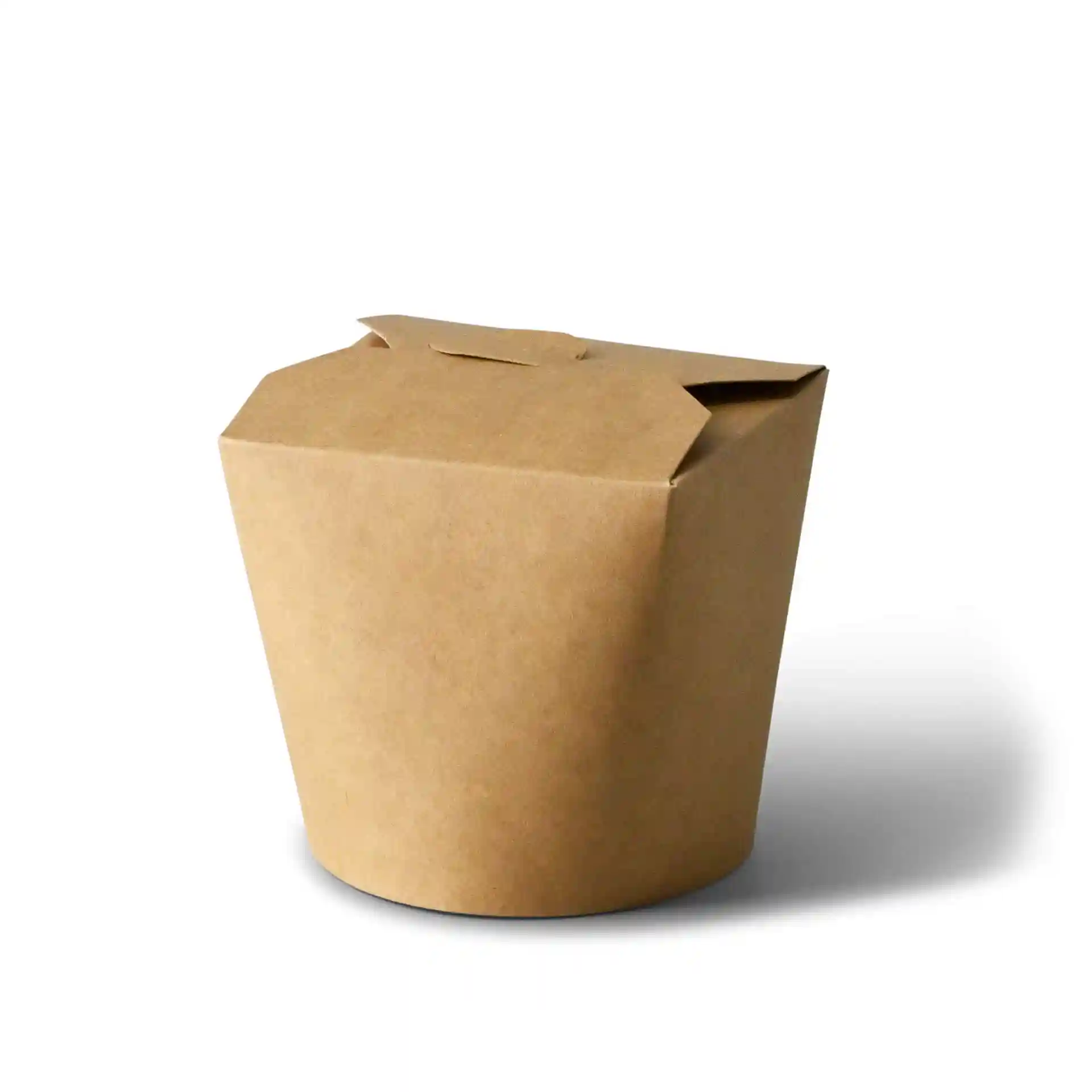 Boîte à nouilles en carton brun de forme ronde, avec fermeture à rabat, contenant 650 ml.