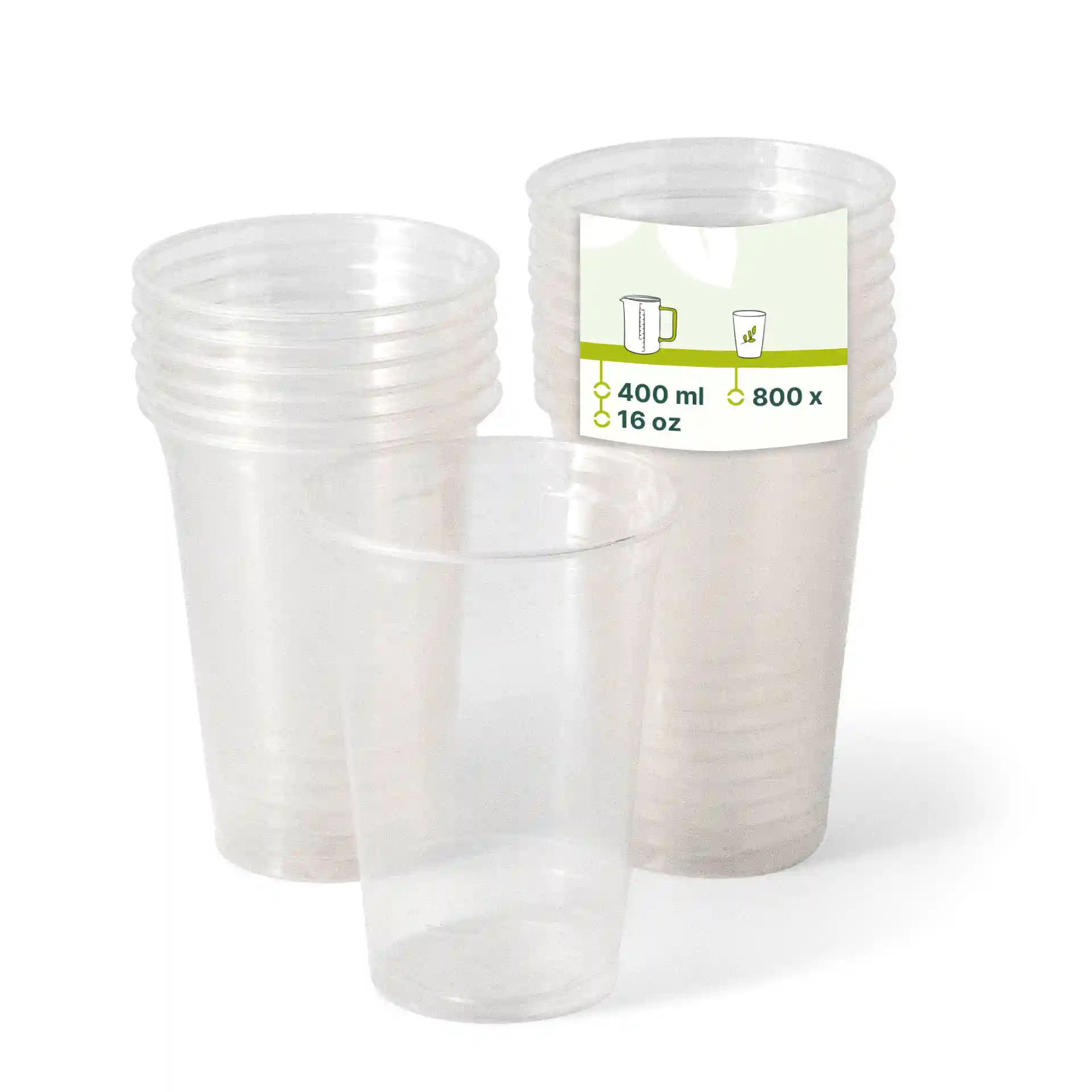 Gobelets en plastique transparent empilés avec une étiquette indiquant une capacité de 400 ml et 800 unités.