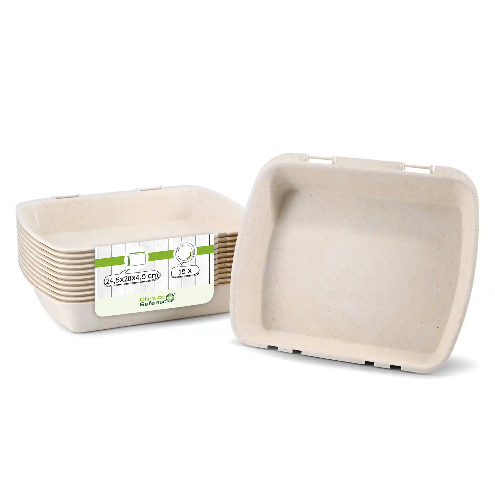 Contenants de menu rectangulaires réutilisables en blanc crémeux, mesurant 24,5 x 20 x 4,5 cm, empilés avec une étiquette.