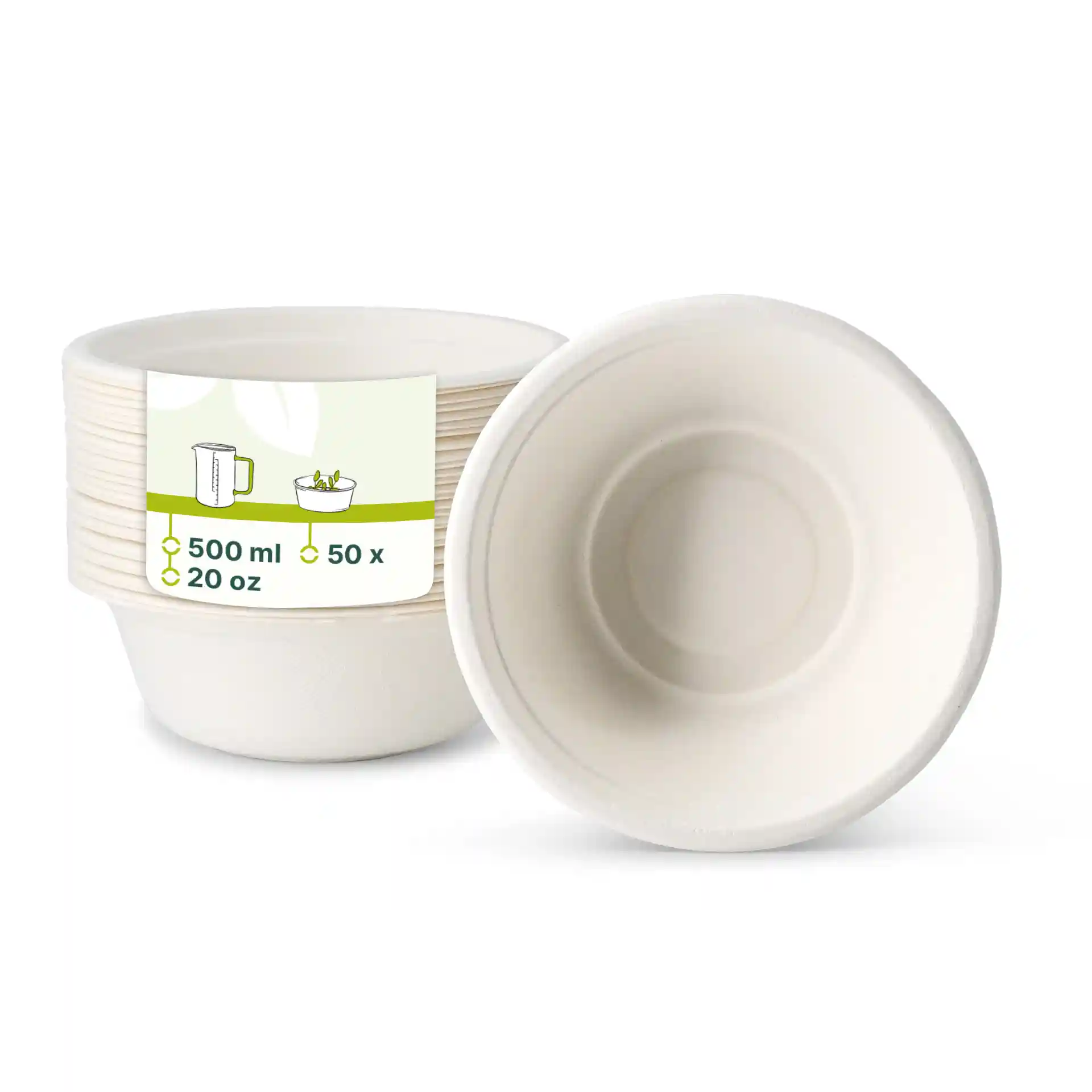 Bols ronds en canne à sucre blancs, capacité de 500 ml, empilés avec un tourné pour montrer l'intérieur.