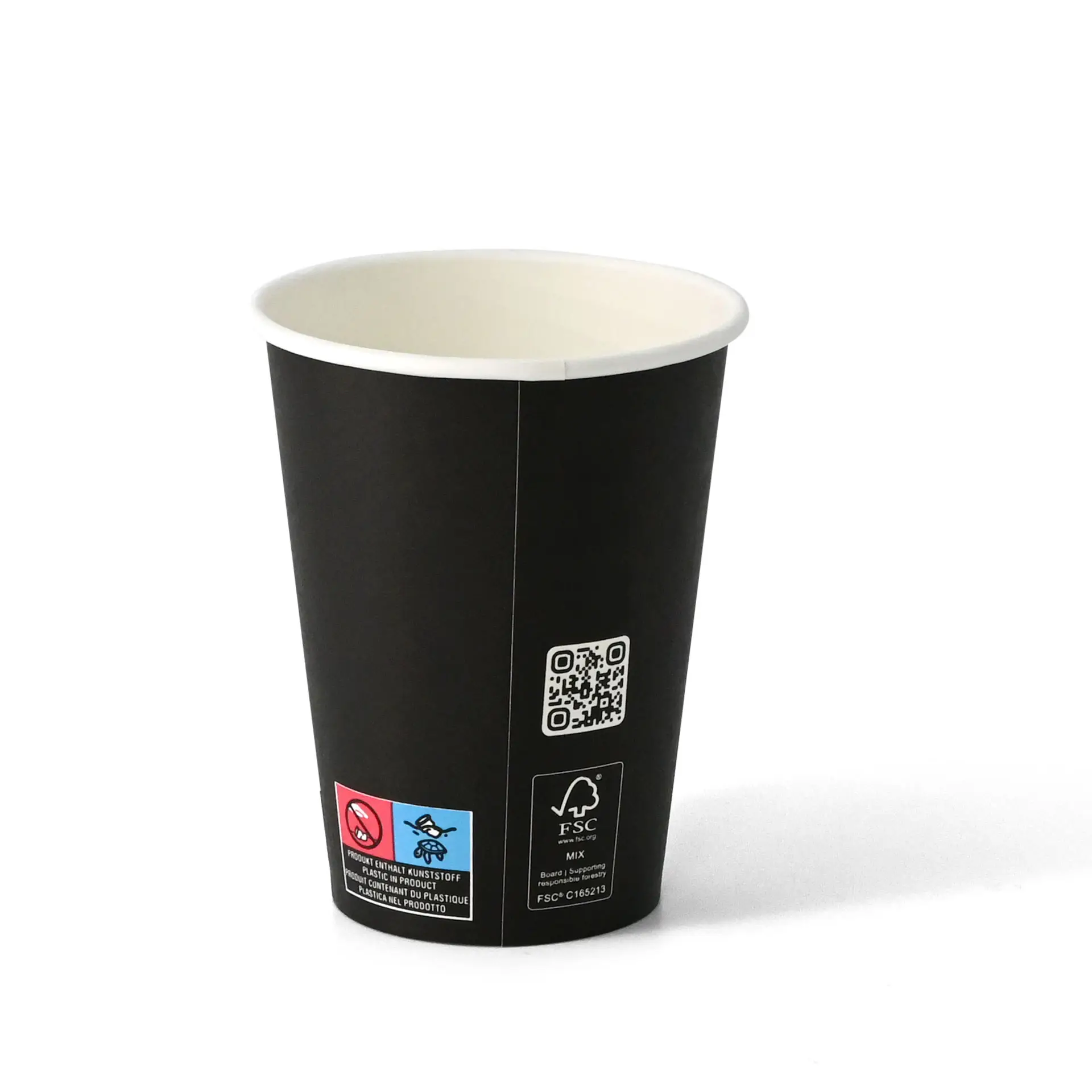 Gobelet en papier noir avec intérieur en PLA, capacité de 300 ml et diamètre de 90 mm.